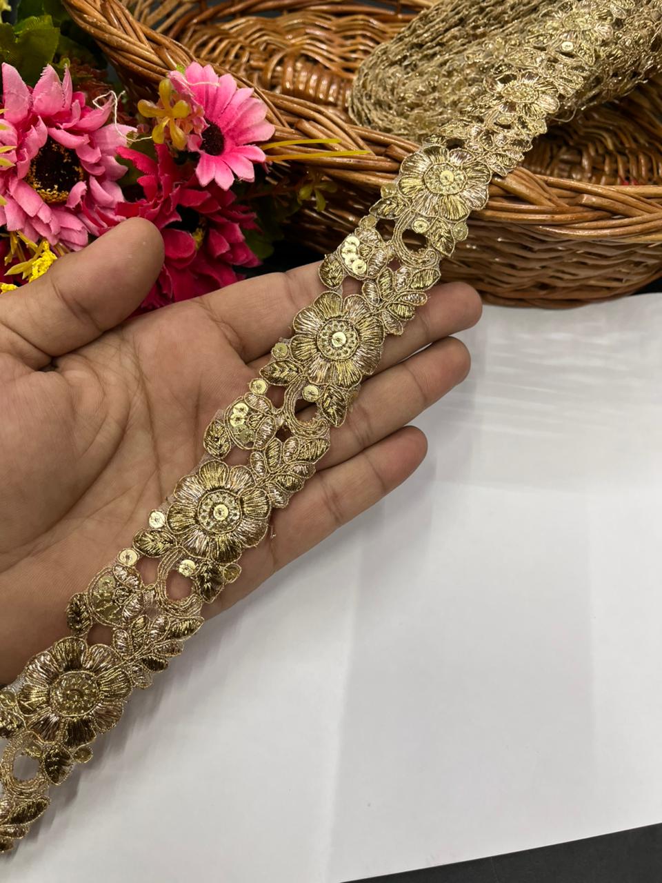 Beautiful Cutwork Zari Lace with Sequins (Antique) – Premium Gold Embroidered Lace | Antique