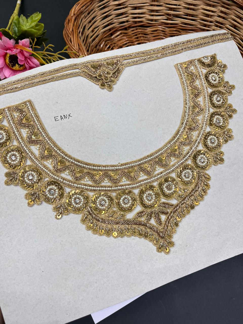 Handwork Zardozi Neck Patch With Sleeves – Premium Designer Embroidered Neckline for Kurtis, Blouses, Suits & Ethnic Outfits | Antique