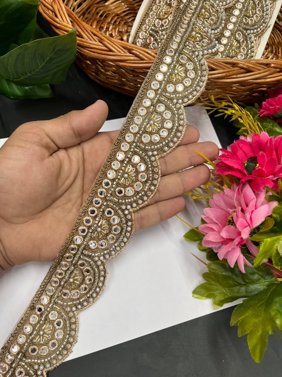 Mirror Cutdana Work Saree Lace – Premium Golden Embroidery Lace Border for Ethnic Wear | Antique