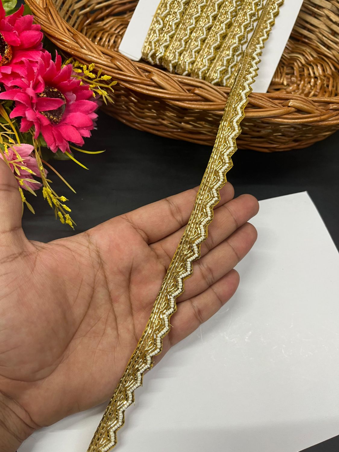 Cutdana Pipe Work with Pearl & Zardosi Work Handcrafted Lace – Handmade Decorative Lace for Sarees, Dupattas, and Dresses (9 Mtr, 0.5 inch)