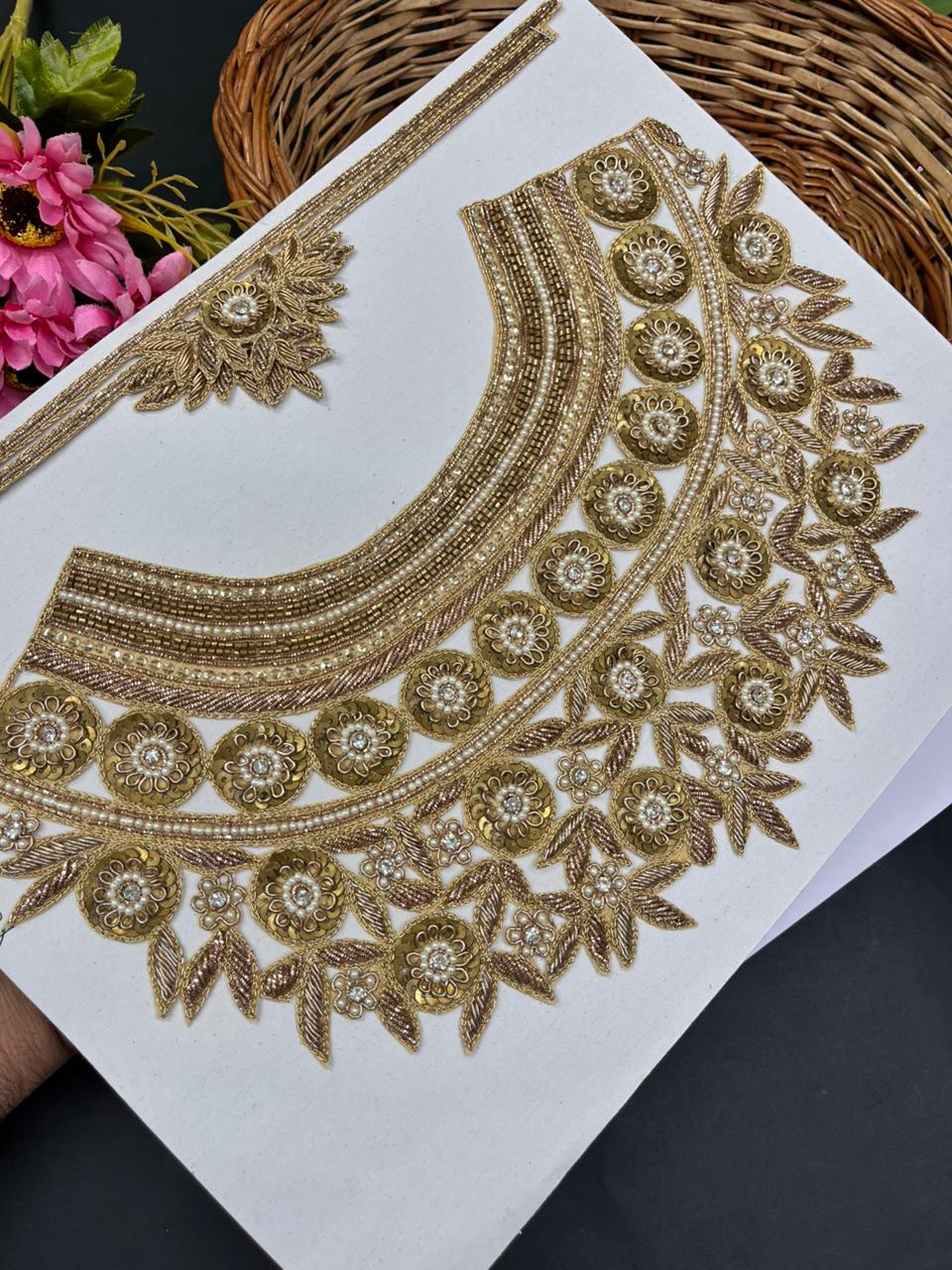 Handwork Zardozi Neck Patch With Sleeves – Luxury Embroidered Neckline for Kurtis, Blouses, Suits & Designer Ethnic Wear | Antique