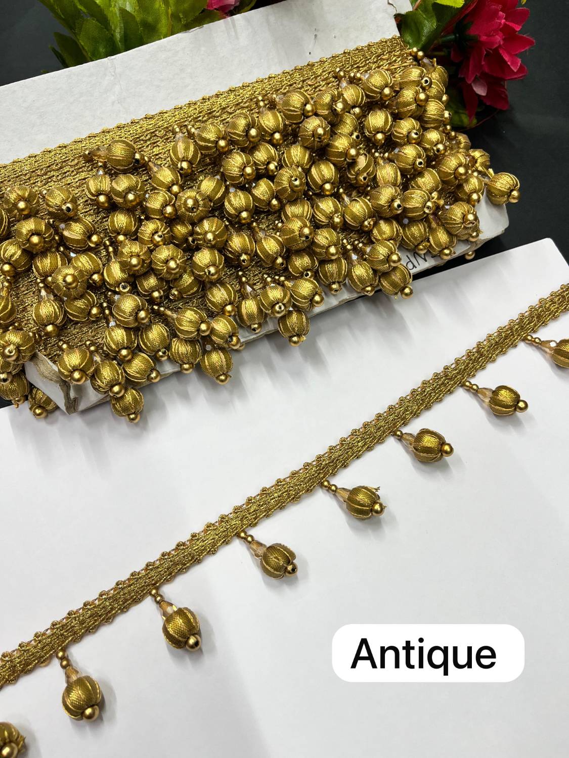 Gota Ball Hanging Lace | Gota Latkan Lace – Decorative Lace for Sarees, Dupattas, and Dresses (9 mtr, 1.5 inch) | Antique