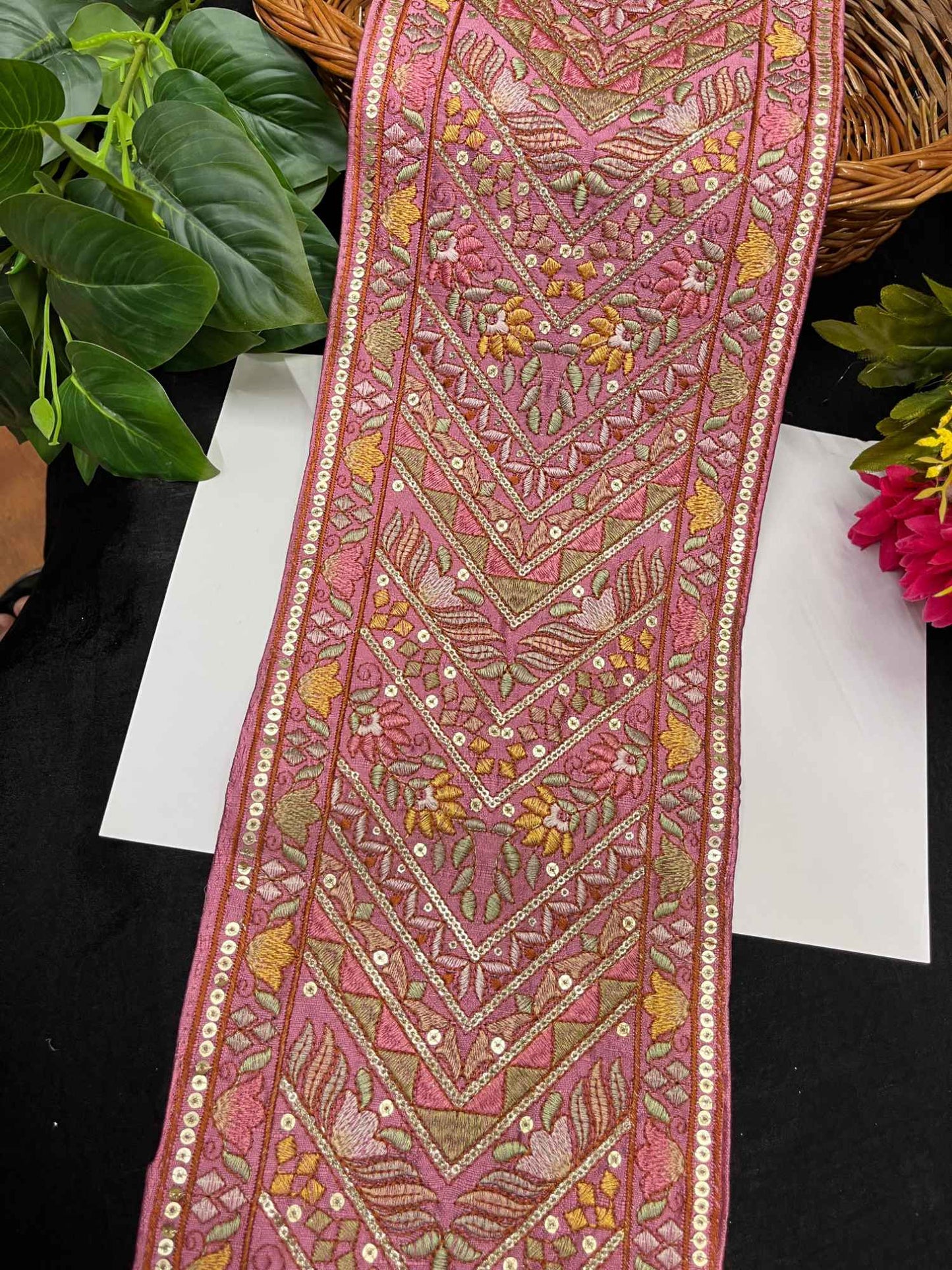 Multicolored Embroidered Lehenga Lace – 9 Meters, 7-Inch Heavy Designer Saree Laces Border for Lehengas, Sarees & Dupattas | Baby Pink