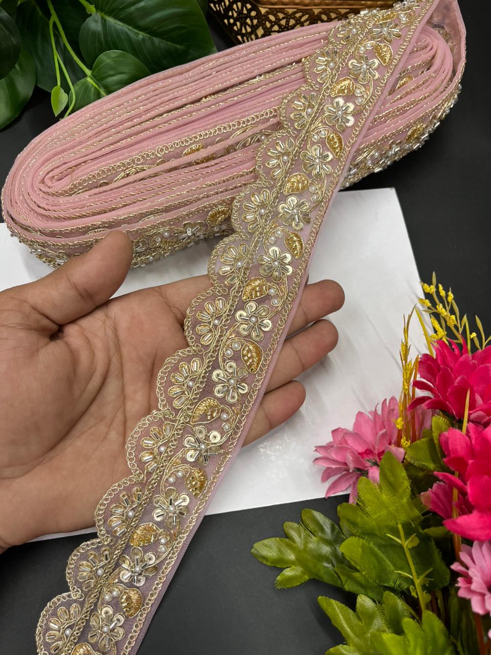 Exclusive Bridal Katdana Bead Work Laces – Designer Maggam Work Borders for Sarees, Lehengas & Dupattas (9 Meter, 2 Inch Width) | Baby Pink