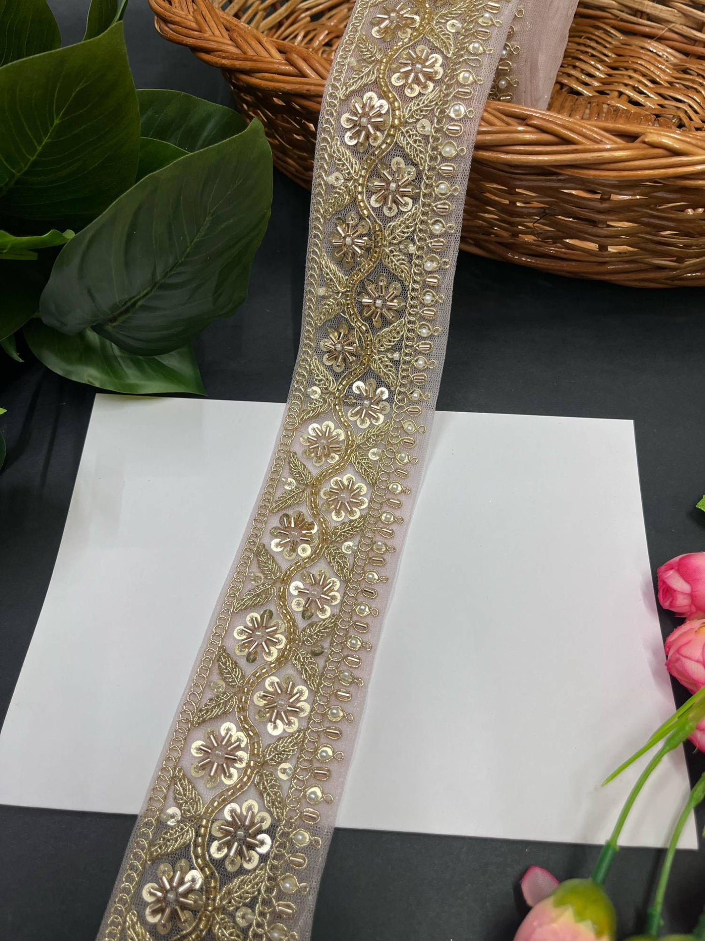 Katdana and Beaded Saree Lace – 9 Meters, 2.5-Inch Maggam Work Embroidered Border for Lehengas & Dupattas | Baby Pink