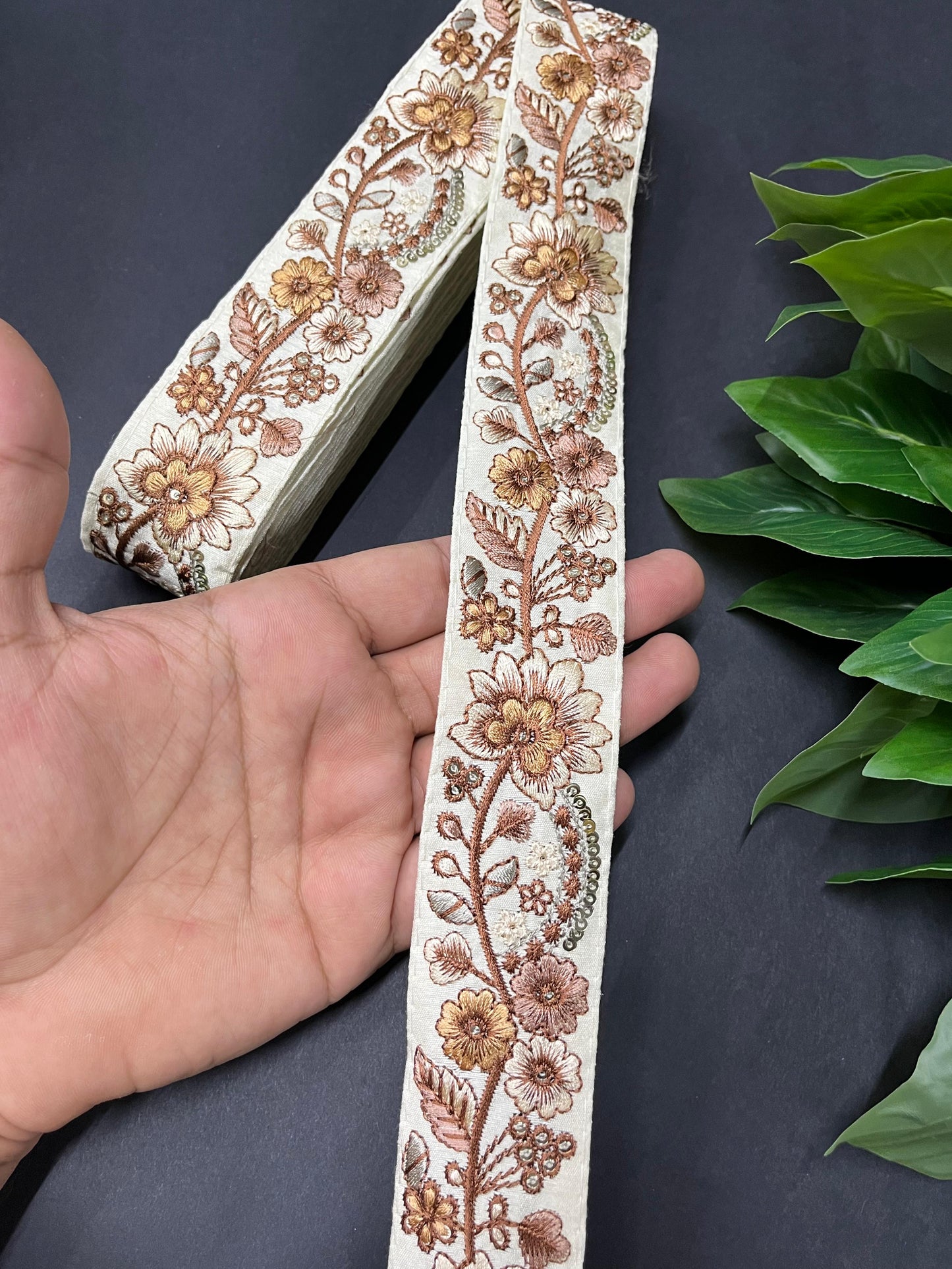 Gorgeous Floral and Leaf Thread Embroidery Trim – Decorative Lace Border for Sarees, Dresses & Crafts – 9 Meter | Beige Multi