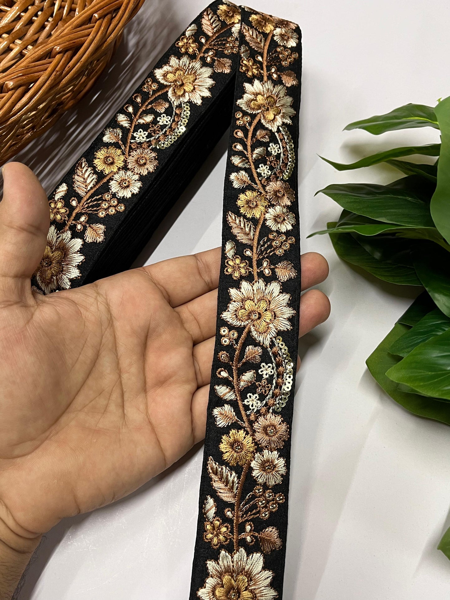 Gorgeous Floral and Leaf Thread Embroidery Trim – Decorative Lace Border for Sarees, Dresses & Crafts – 9 Meter | Beige Multi Black