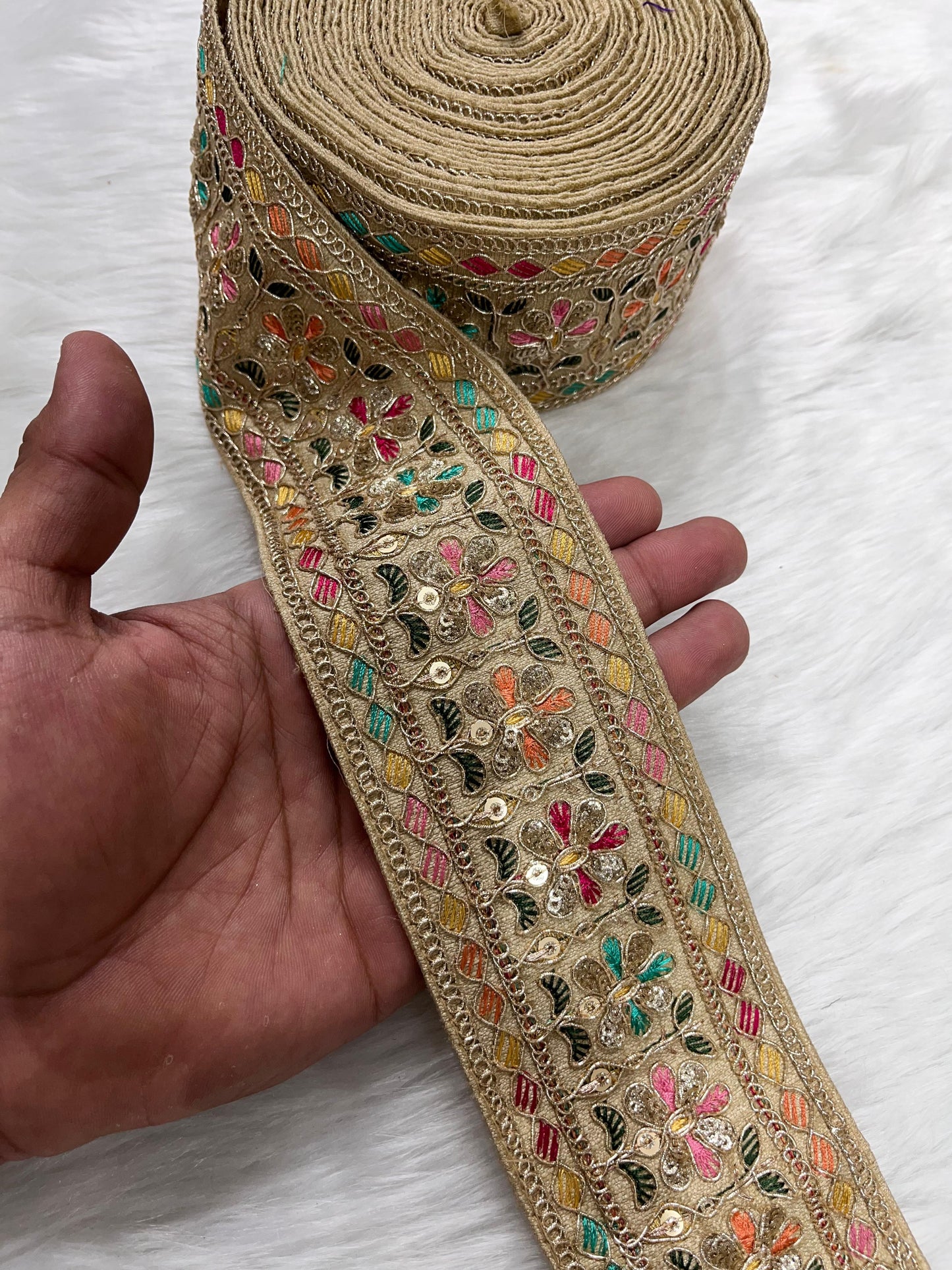 2.5 Inches Decorative Sequin Thread Embroidered Indian Mustard Sari Silk Dupatta Border Ribbon (9 Meter) | Beige