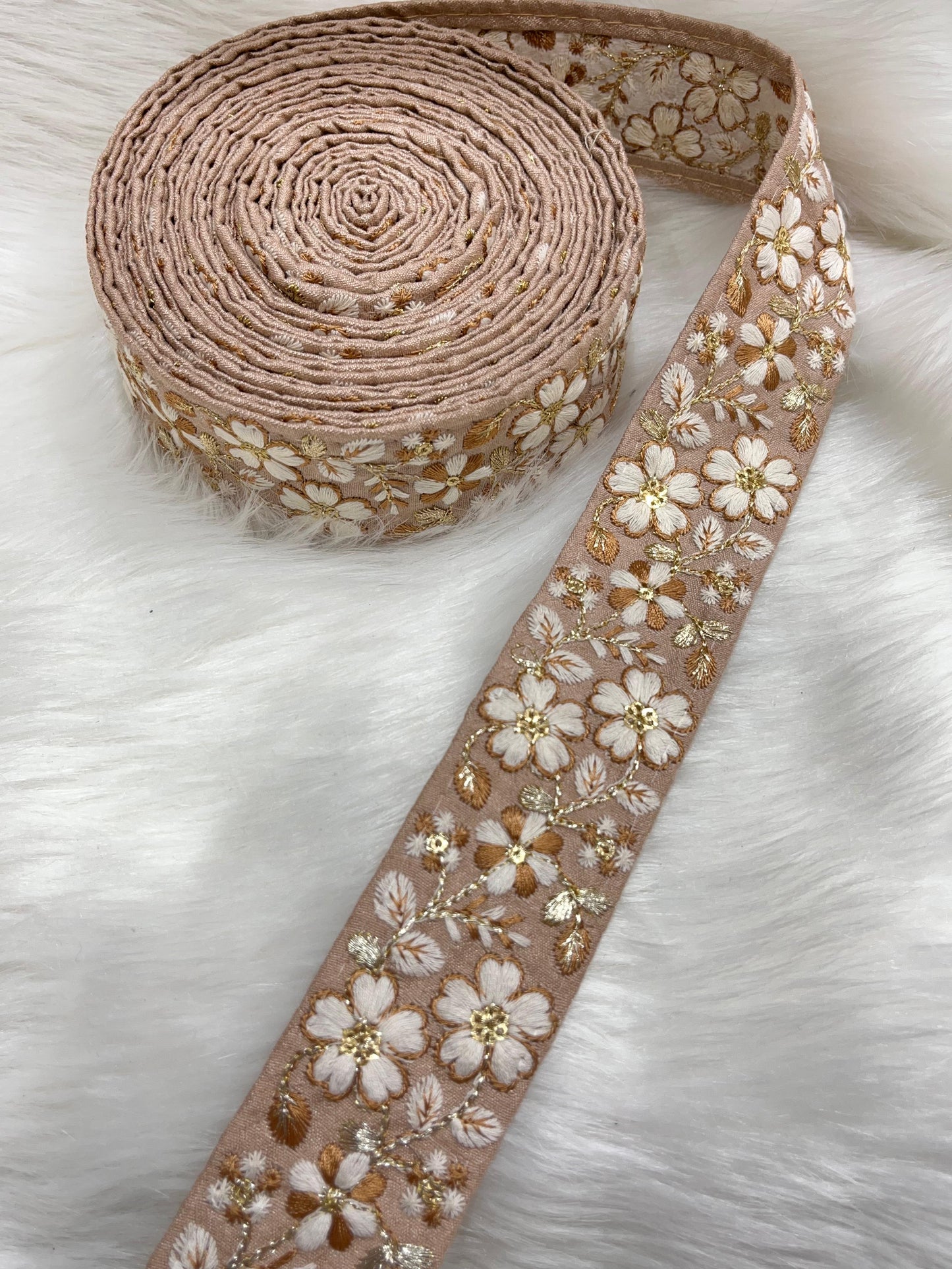 Designer Flower Embroidered Lace Border Trim - 9 Meter Thread Embroidered Lace | Beige