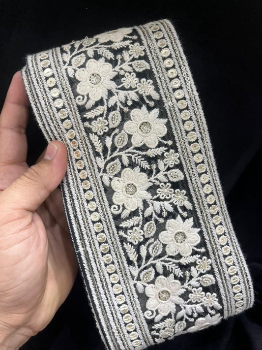 Designer Lucknowi Cotton Lace – Premium 5 Inch Broad Embroidered Border for Sarees, Dupattas, Suits & Dresses (9 Meter) | Black