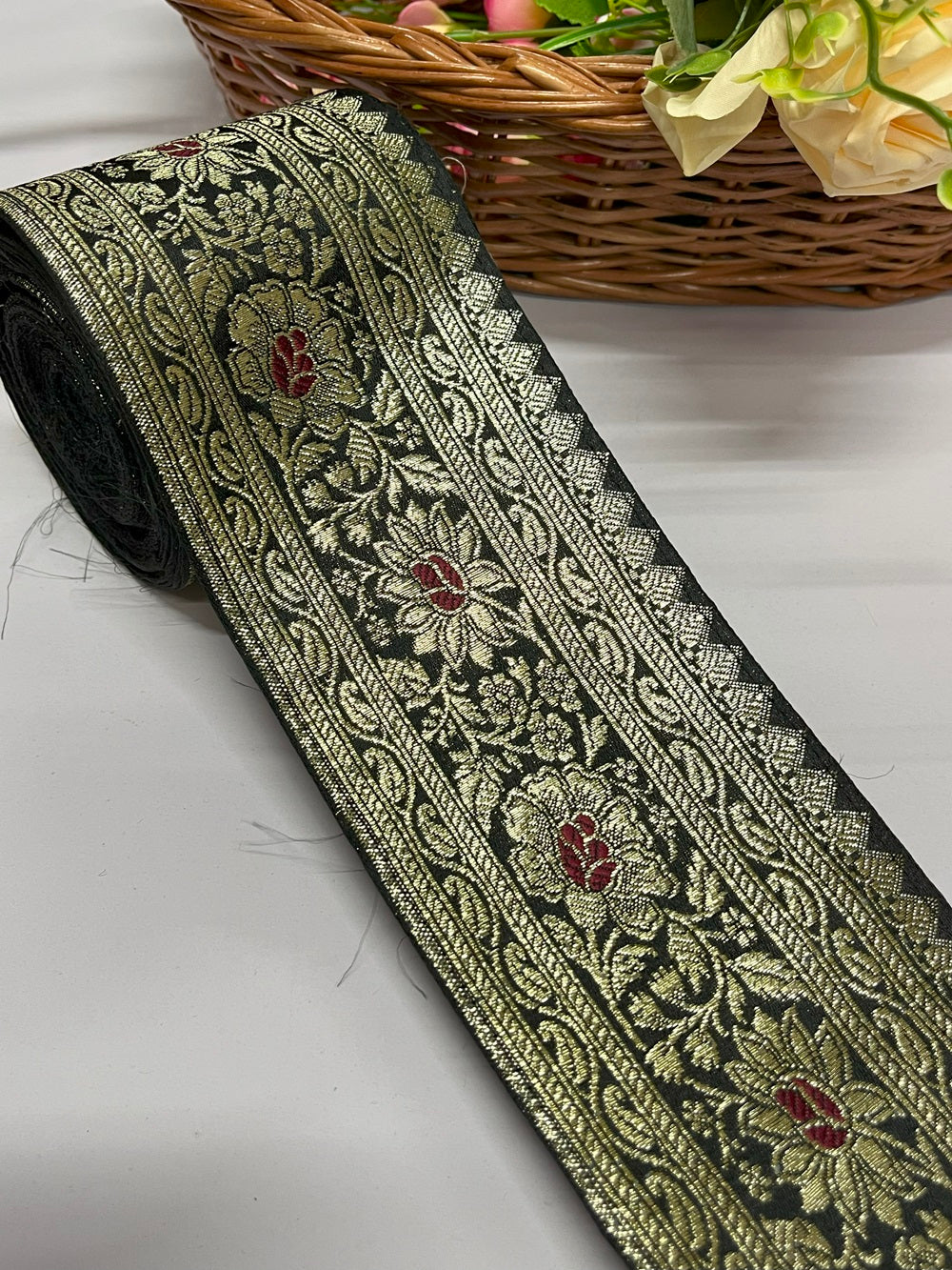Original Flower Banarasi Border – 9 Meter, 3 Inch Width – Traditional Banarasi Lace, Black