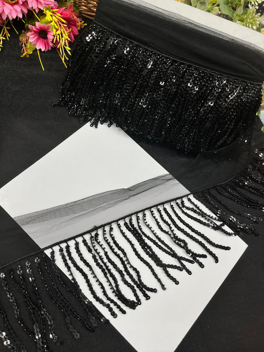 Sequence Fringe Lace | Western Imported Lace | Tassels Lace – Premium Designer Border Trim for Sarees, Lehengas & Gowns (9 Meter, 4 Inch Width) | Black