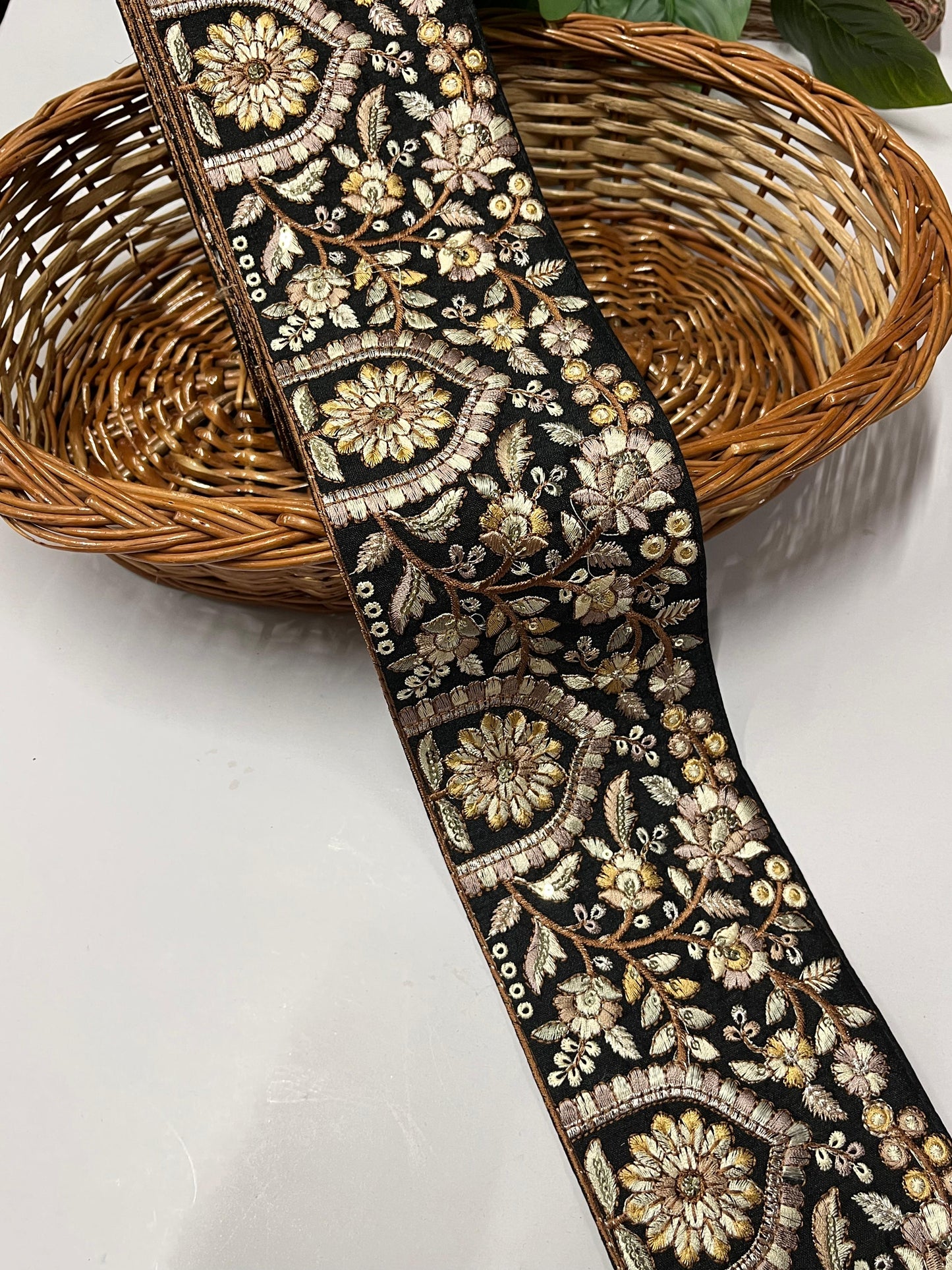 Threads Sewing Crafting Lace Border Embellishment – Embroidery Trim for Wedding & Curtain Décor – 9 Meter | Black Beige