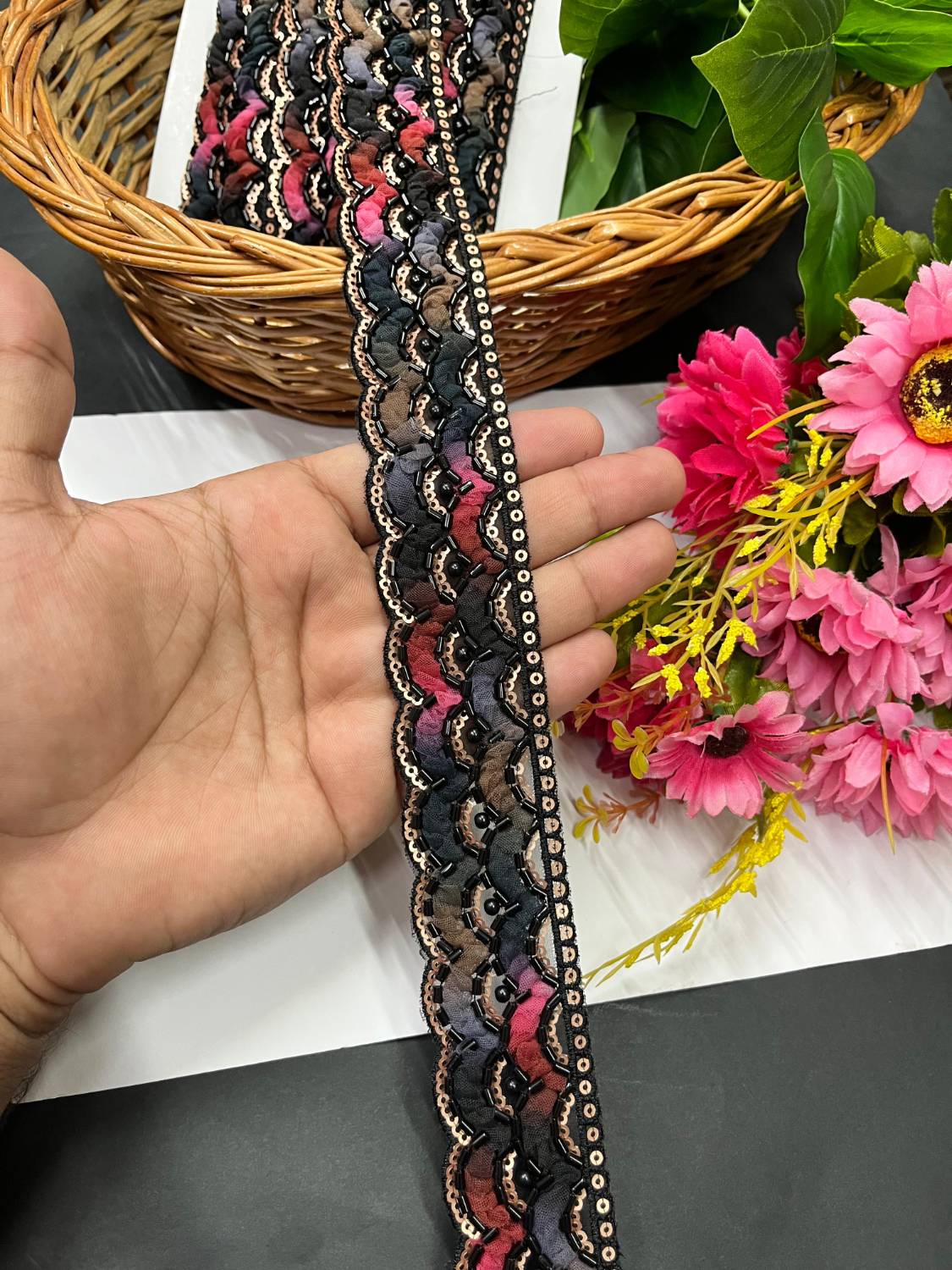Beautiful Imported Lace with Delicate Pipe Work – 9 Meter | Black Multi