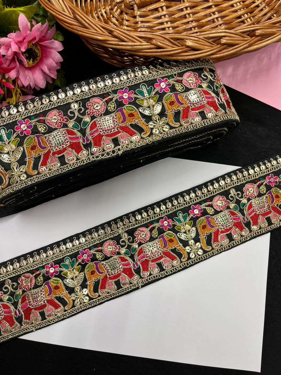 Beautiful Elephant Design Embroidered Zari Saree Lace – Premium Designer Embroidered Lace | Black