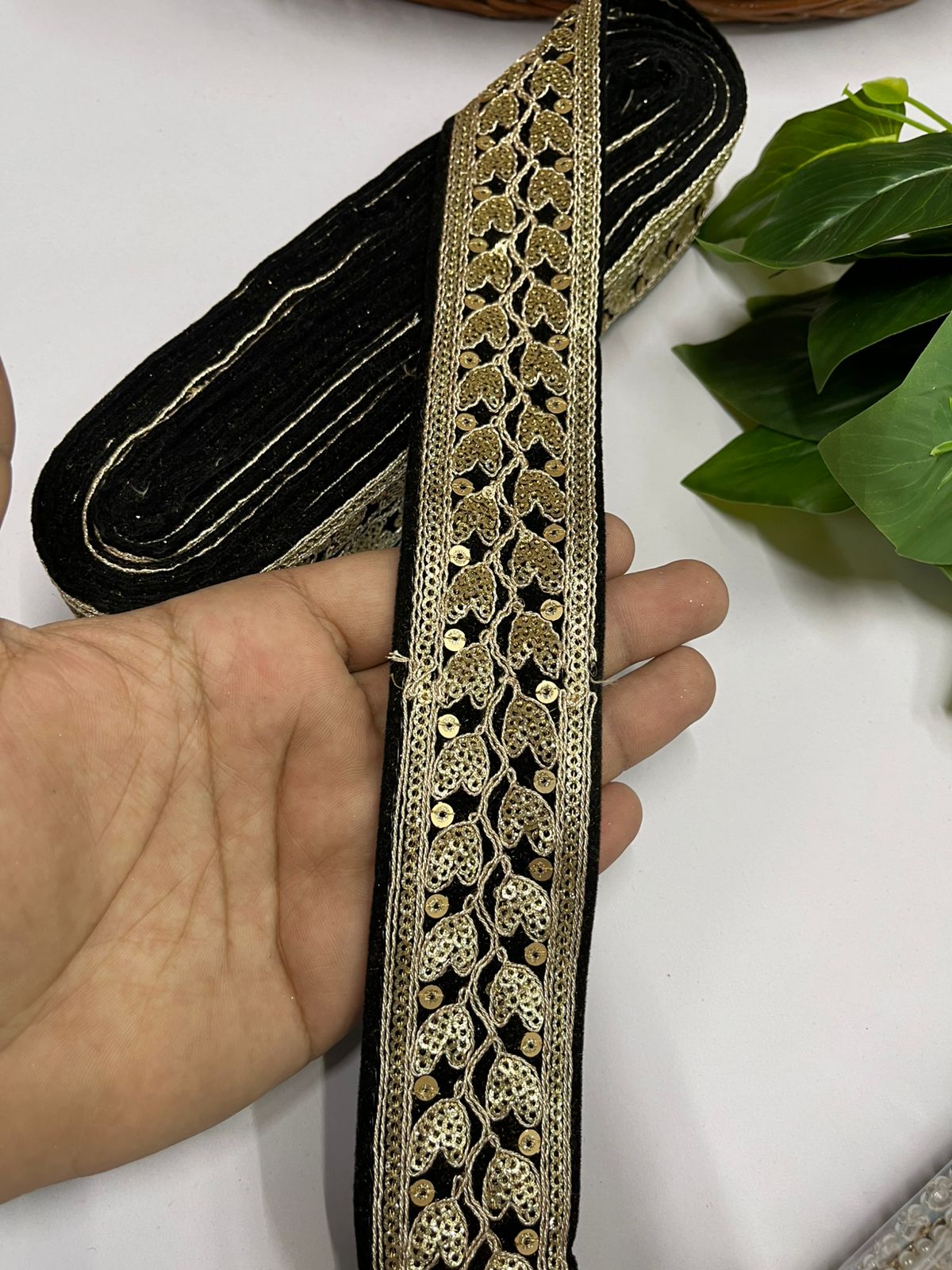 Zari Sequins Embellished Velvet Embroidered Saree Lace | Sari Velvet Fabric Lace Border (9 Mtr) | Black