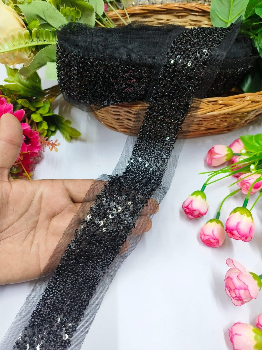 Handmade Cutdana Saree Dupattas Borders – Premium Quality, Intricate Embellishments for Sarees, Lehengas, Dresses and Crafts Decoration - Black