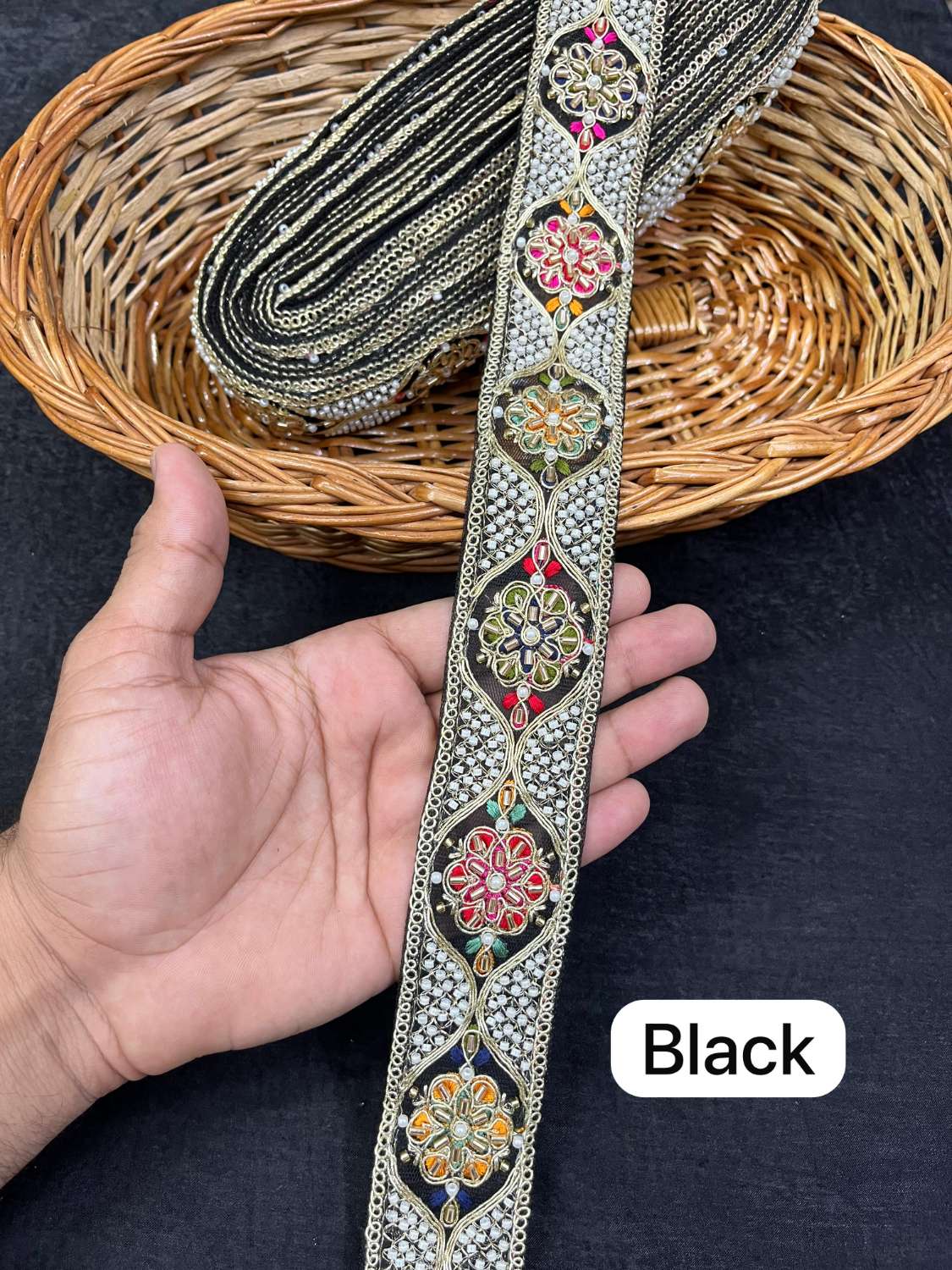Multicoloured Bead Work Designer Lace on Net Fabric for Sarees & Lehengas (9 Meter) | Black