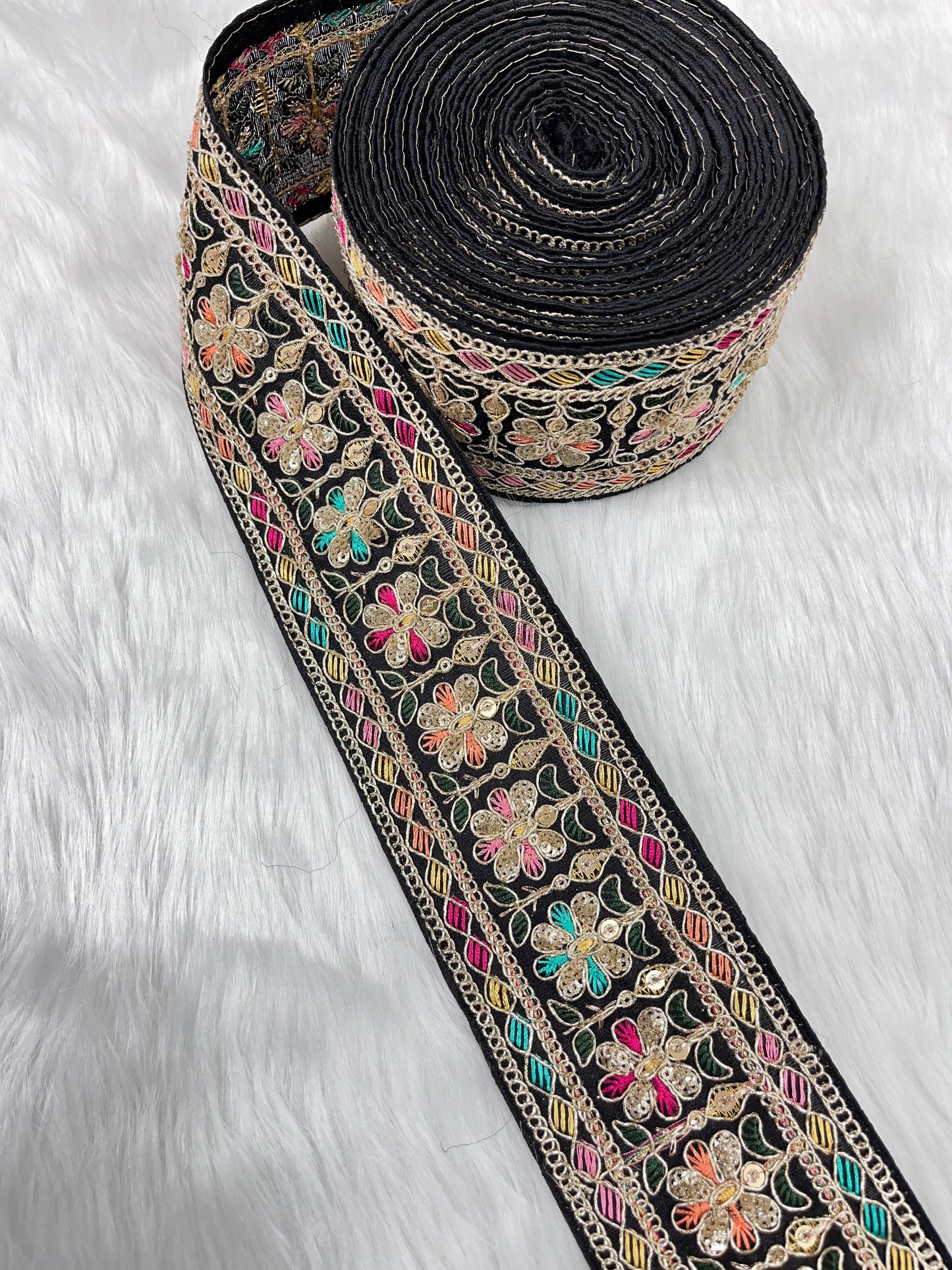 2.5 Inches Decorative Sequin Thread Embroidered Indian Mustard Sari Silk Dupatta Border Ribbon (9 Meter) | Black
