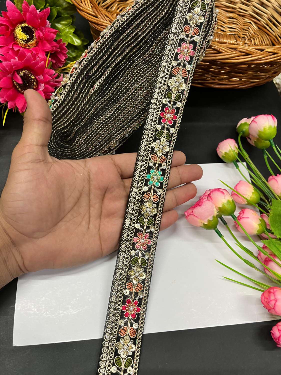 Beautiful Multicoloured Cutdana Beaded Saree Lace & Dupatta Lace – Premium Maggam Work Border Trim (9 Meter, 1.5 Inch Width) | Black