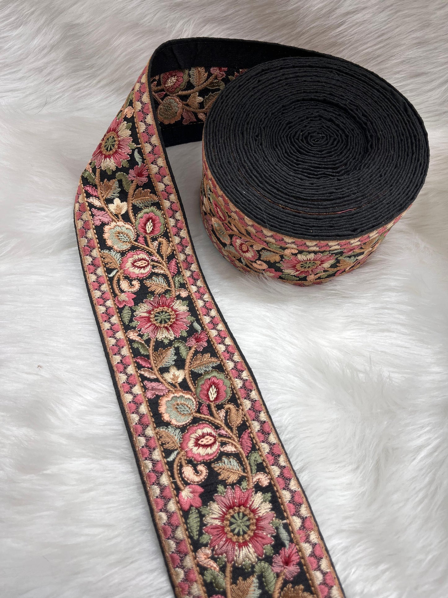 Beautiful Thread Work Parsi Lace Trim – Timeless Elegance, 9 Meters, 3-Inch Width | Black