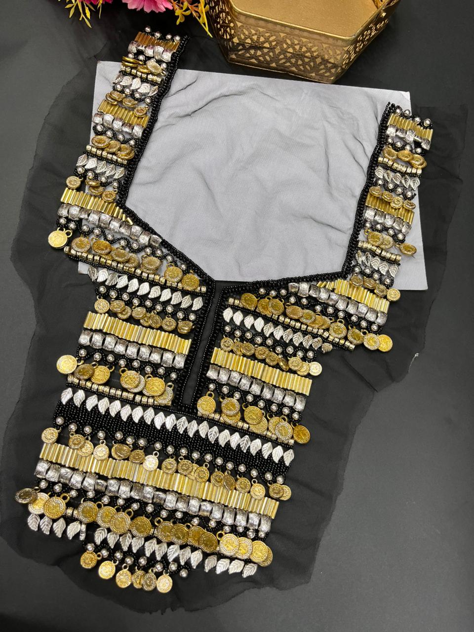 Handcrafted Oxidised Neck Yoke – Designer Embroidered Neck Patch for Kurtis, Saree Blouses & Ethnic Wear | Black