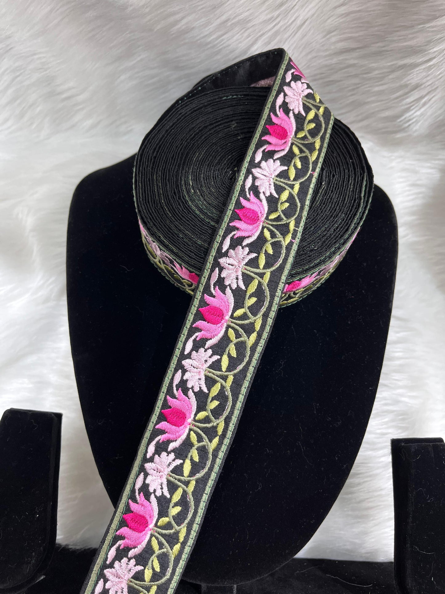 Parsi Work Flower Thread Embroidered Lace – 9 Meters, 1.5-Inch Width, Handcrafted Border Trim | Black
