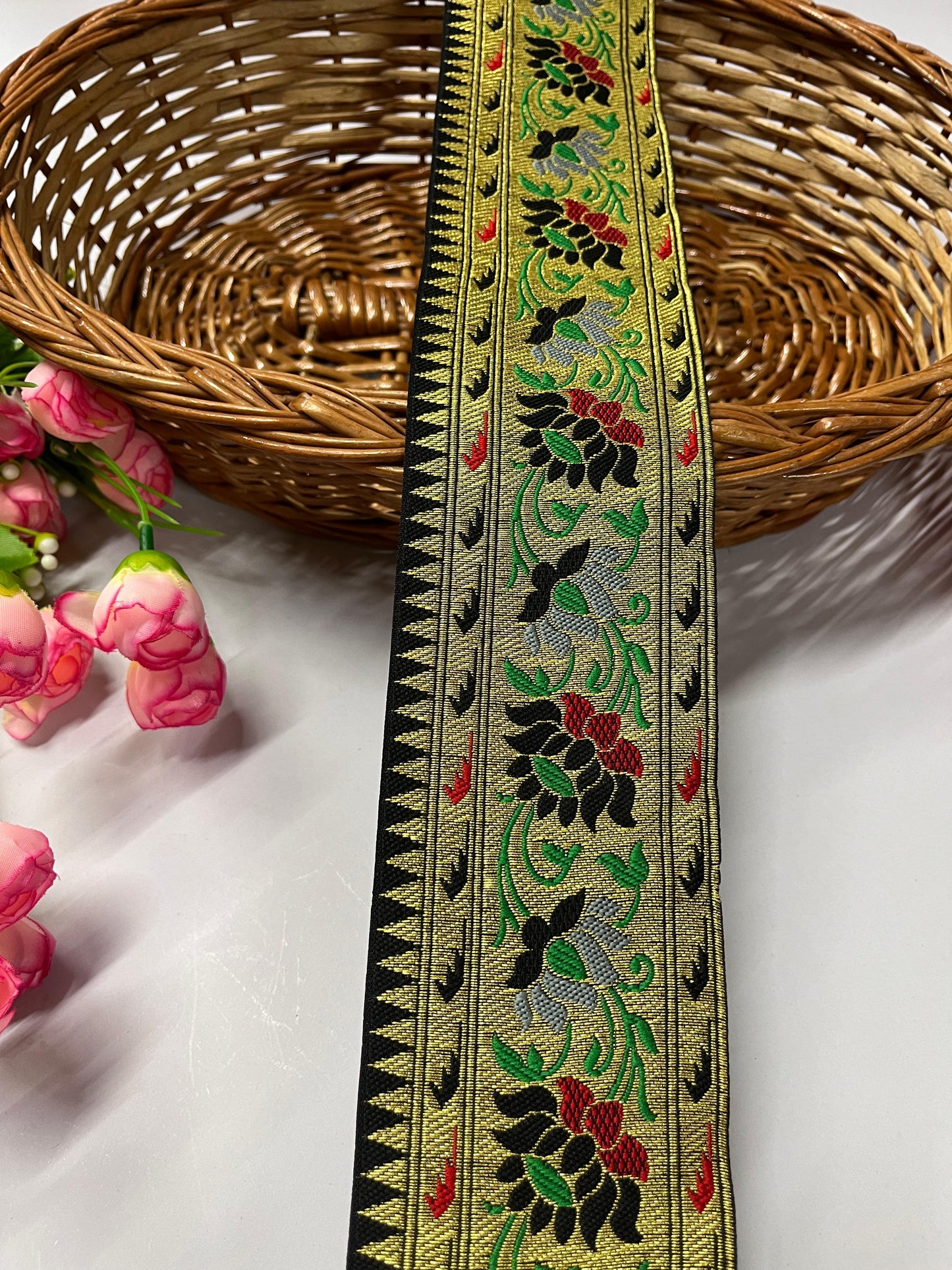 Flower & Leaf Banarasi Saree Lace | Banarasi Lace – 9 Meters, 3-Inch Width | Black