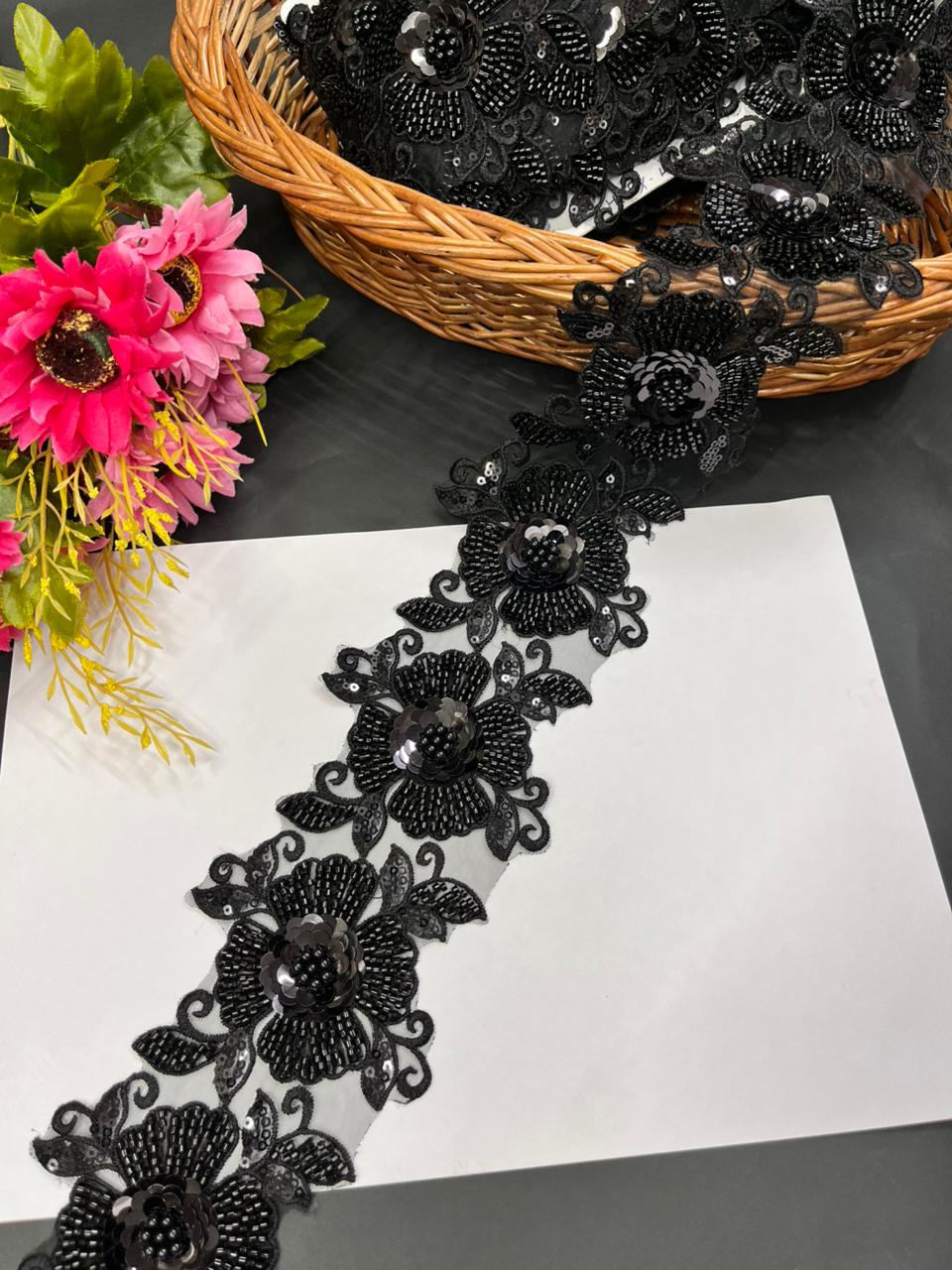 Imported Bead Work Flower Lace – Premium Designer Imported Lace Border for Sarees & Ethnic Wear | Black