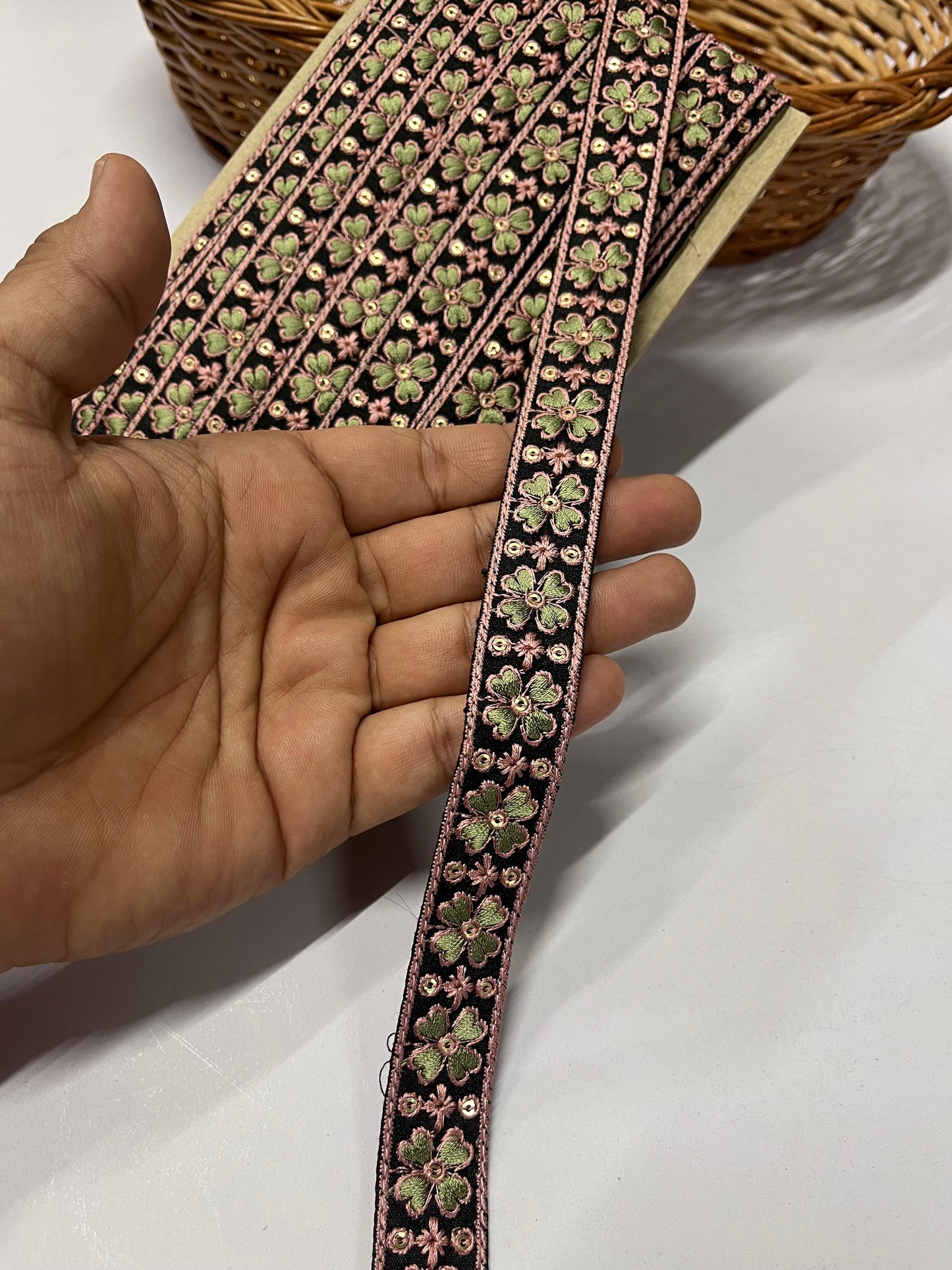 Thread Embroidered Indian Lace Trims – 9 Meters, 1-Inch Width, Handcrafted Border | Black & Mint