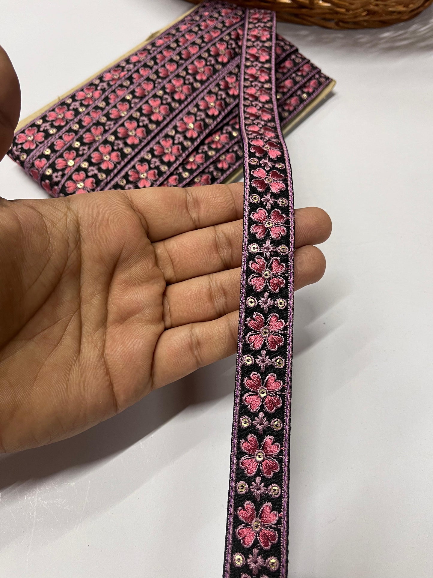 Thread Embroidered Indian Lace Trims – 9 Meters, 1-Inch Width, Handcrafted Border | Black & Pink