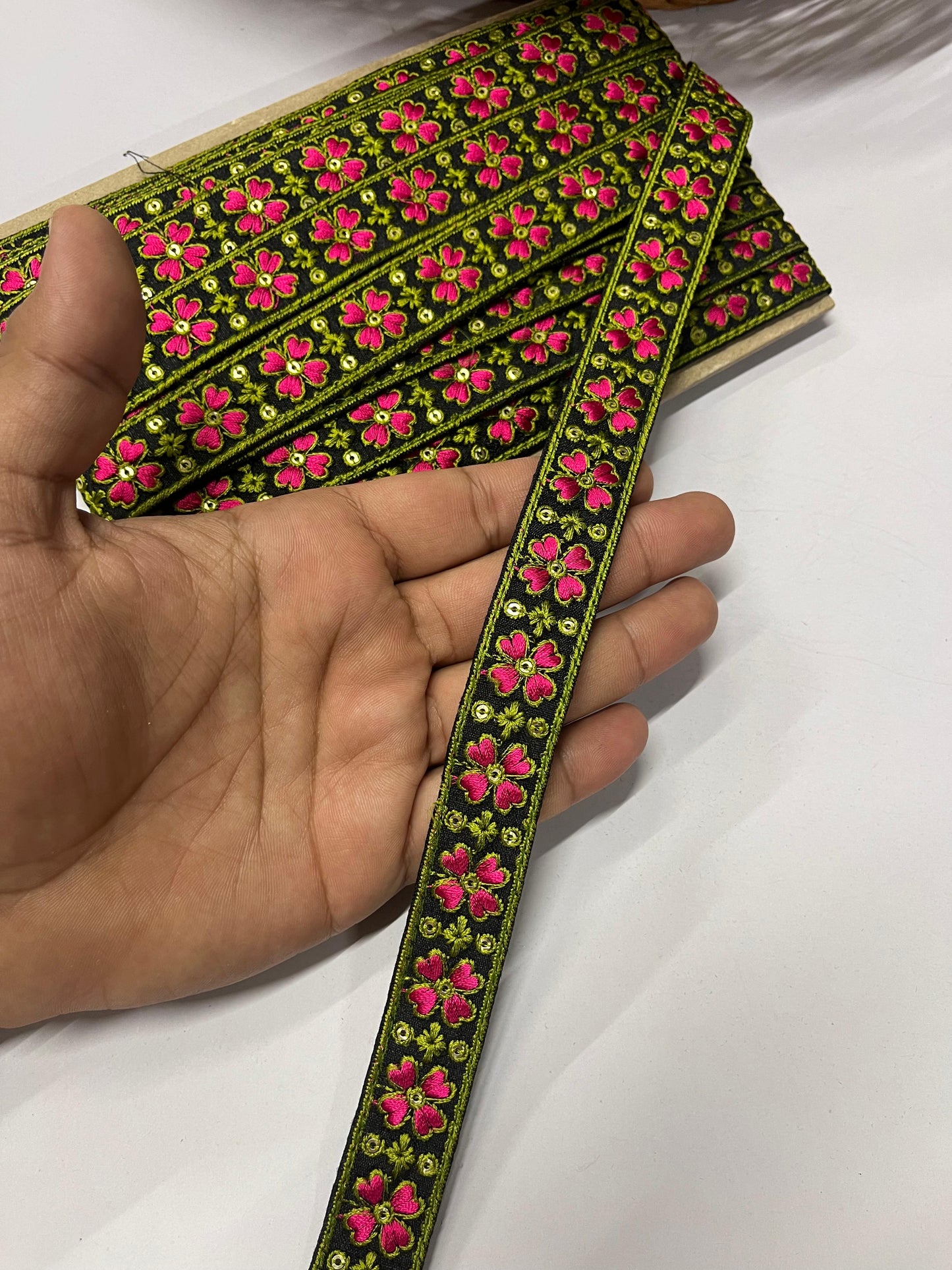 Thread Embroidered Indian Lace Trims – 9 Meters, 1-Inch Width, Handcrafted Border | Black & Rani