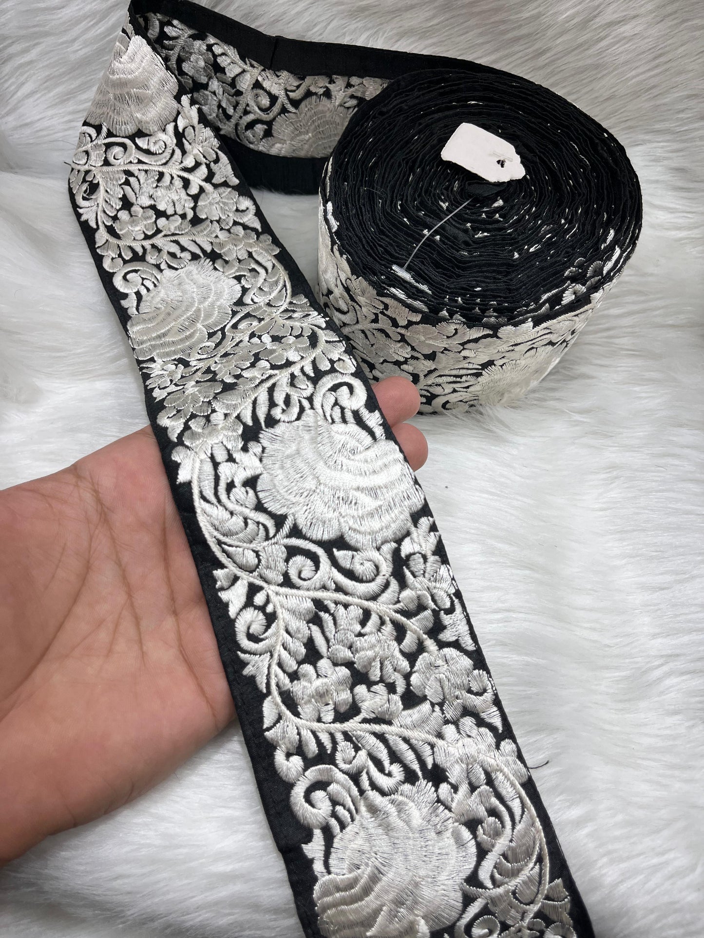 Beautiful Thread Work Parsi Lace Trim – Timeless Elegance, 9 Meters, 3-Inch Width | Black & White