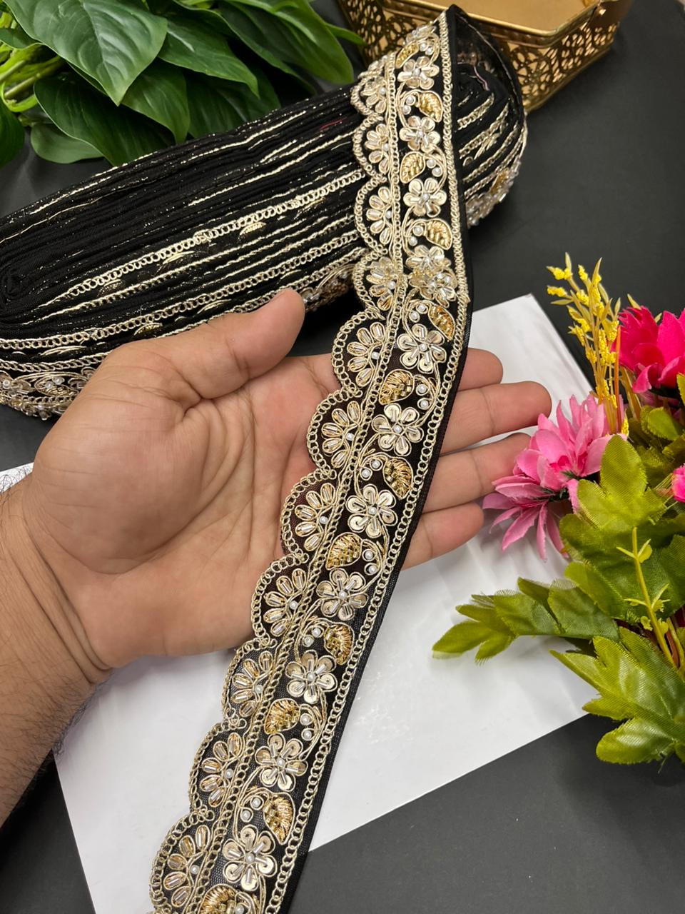 Exclusive Bridal Katdana Bead Work Laces – Designer Maggam Work Borders for Sarees, Lehengas & Dupattas (9 Meter, 2 Inch Width) | Black