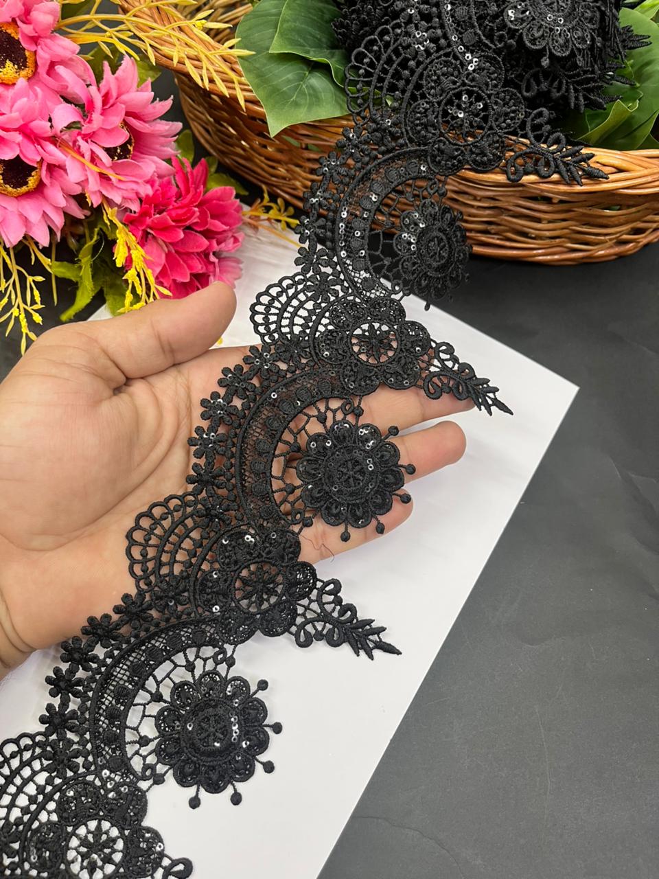 Cutwork Style Imported Laces – Premium Polyester Lace Border for Sarees, Dupattas, Dresses & Craft Projects (9 Meter, 4 Inch Width) | Black