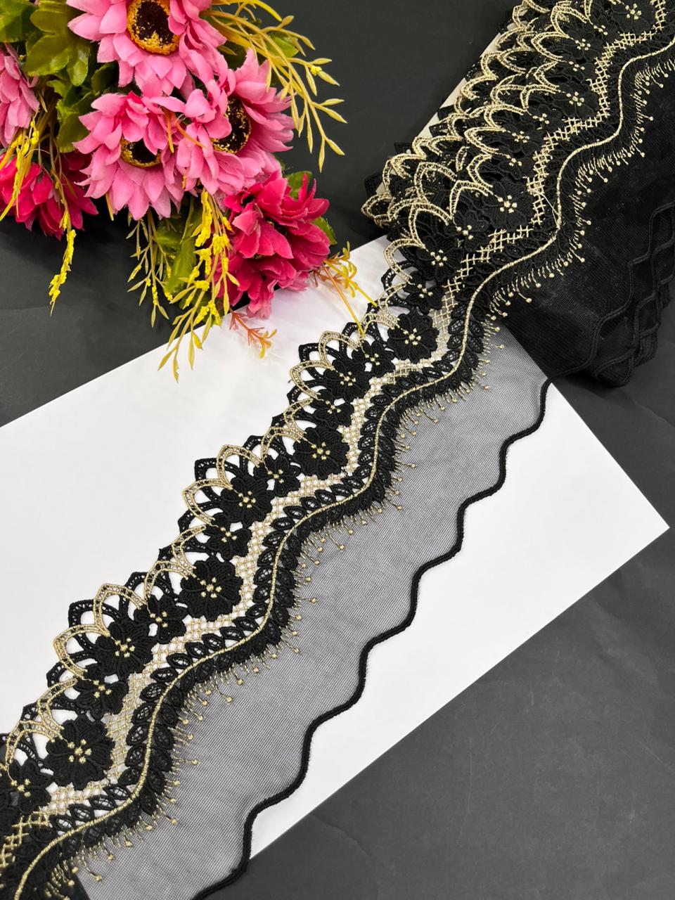 Imported Cutwork Style Lace & Trims – Premium 4.5 Inch Designer Border for Sarees, Dupattas, Gowns & Dresses (9 Meter) | Black