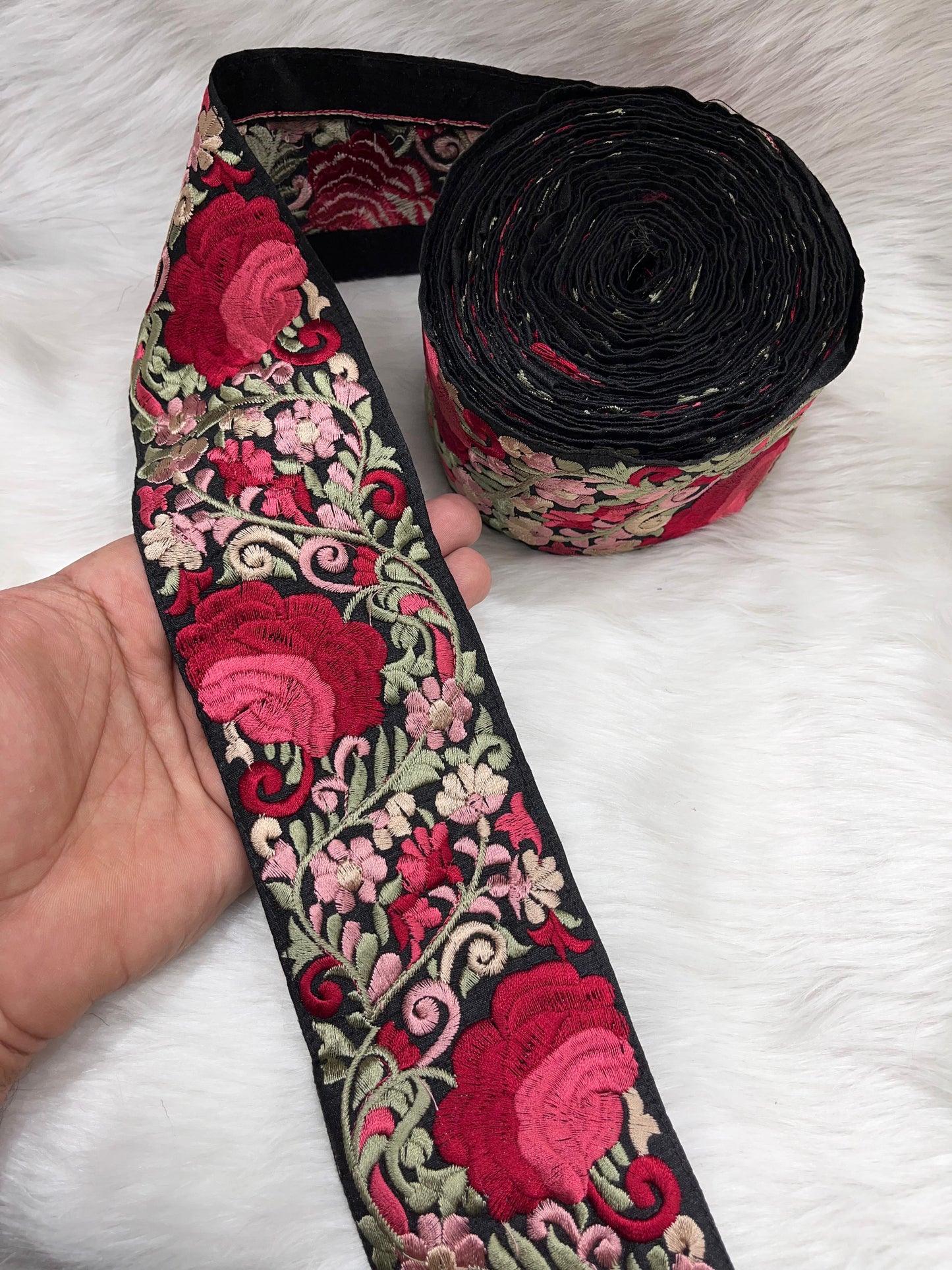 Beautiful Thread Work Parsi Lace Trim – Timeless Elegance, 9 Meters, 3-Inch Width | Black
