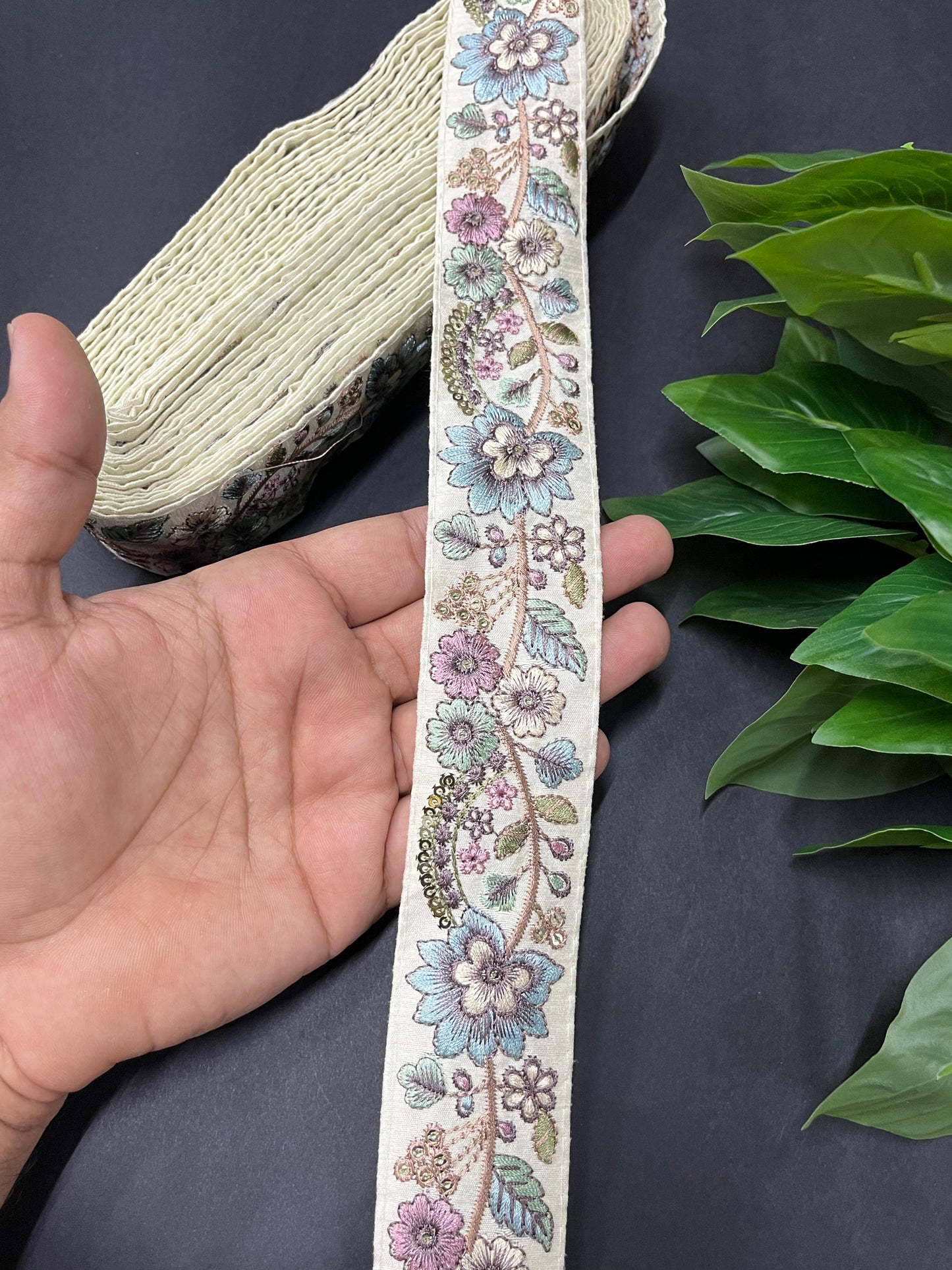 Gorgeous Floral and Leaf Thread Embroidery Trim – Decorative Lace Border for Sarees, Dresses & Crafts – 9 Meter | Blue Multi