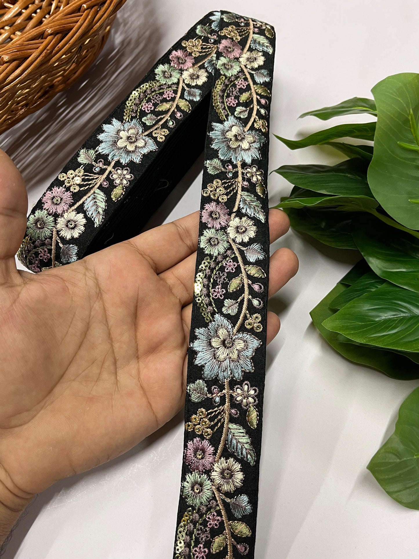 Gorgeous Floral and Leaf Thread Embroidery Trim – Decorative Lace Border for Sarees, Dresses & Crafts – 9 Meter | Blue Multi Black
