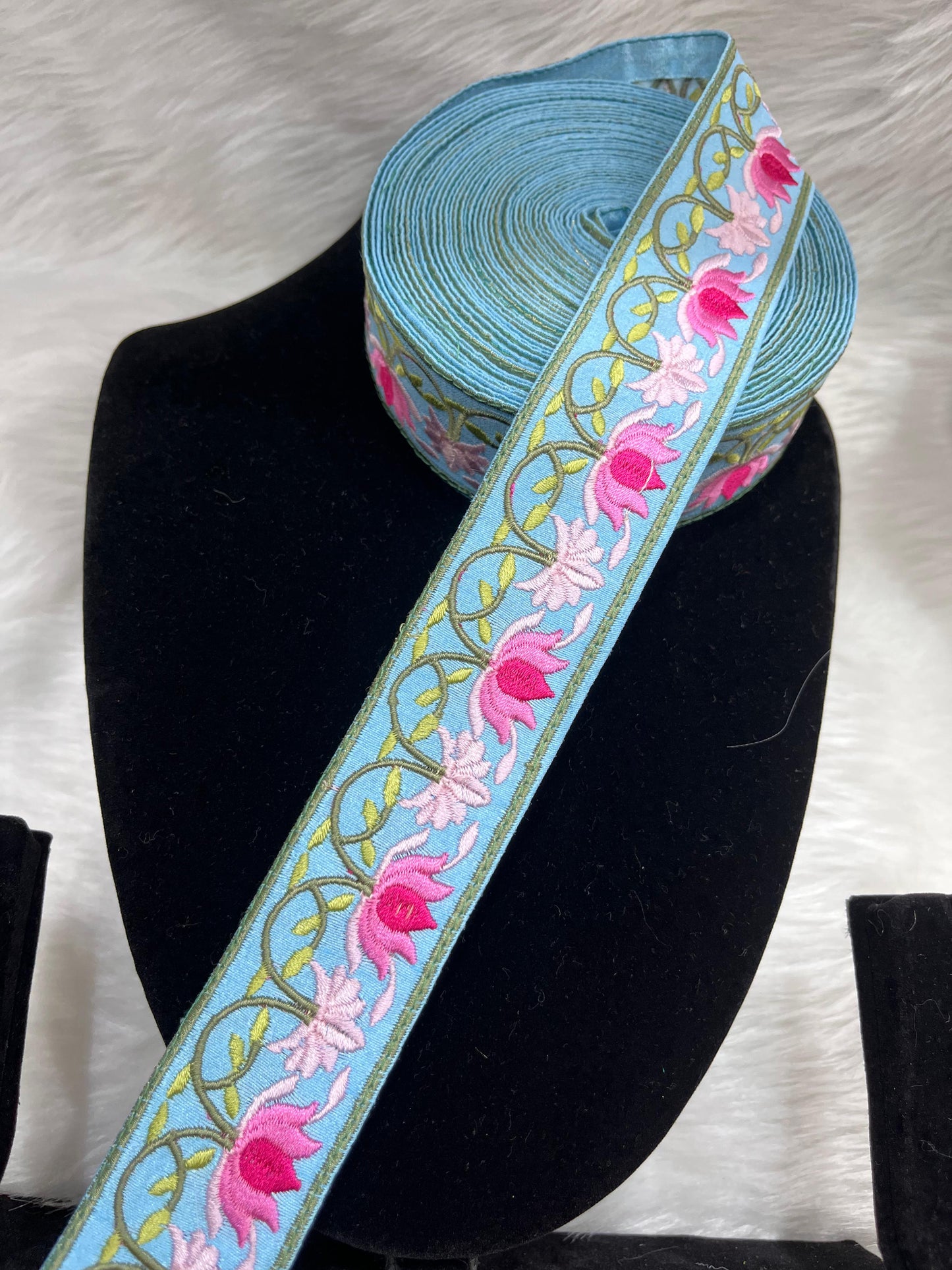 Parsi Work Flower Thread Embroidered Lace – 9 Meters, 1.5-Inch Width, Handcrafted Border Trim | Blue