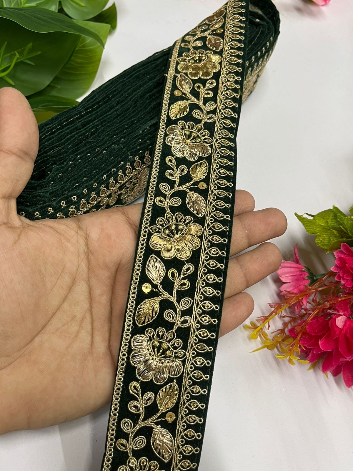 Zari Sequins Embellished Velvet Embroidered Saree Lace | Velvet Fabric Lace Border (9 Mtr) | Bottle Green