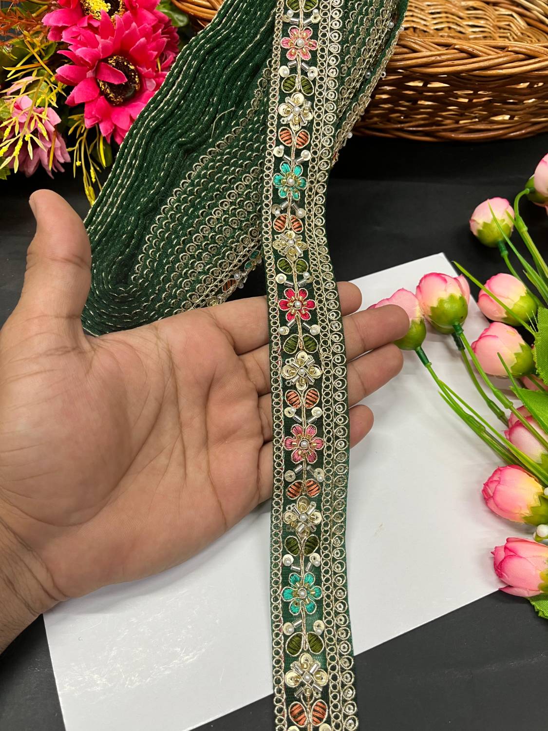 Beautiful Multicoloured Cutdana Beaded Saree Lace & Dupatta Lace – Premium Maggam Work Border Trim (9 Meter, 1.5 Inch Width) | Bottle Green