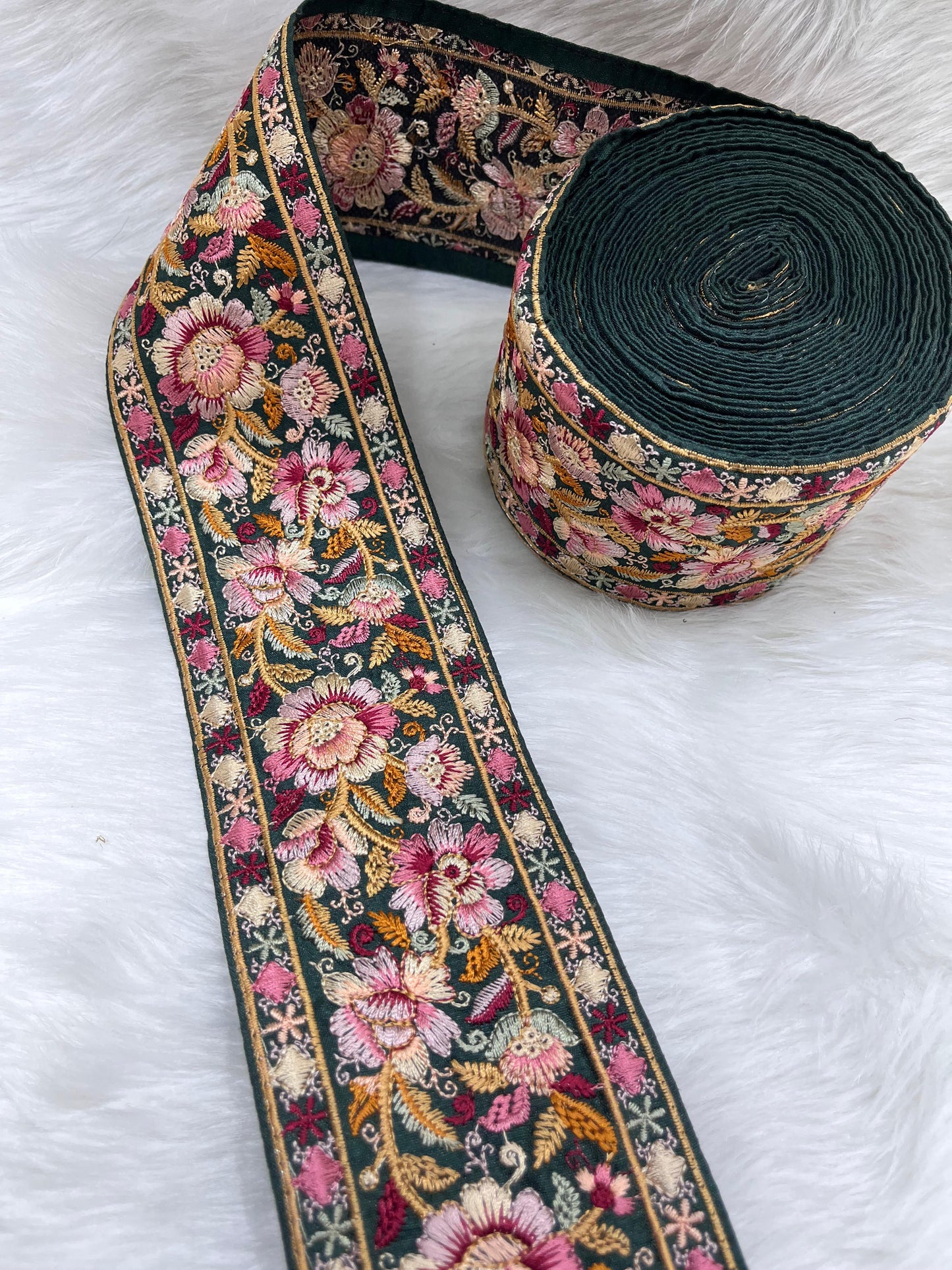 Beautiful Thread Work Parsi Lace Trim – Timeless Elegance, 9 Meters, 3-Inch Width | Bottle Green