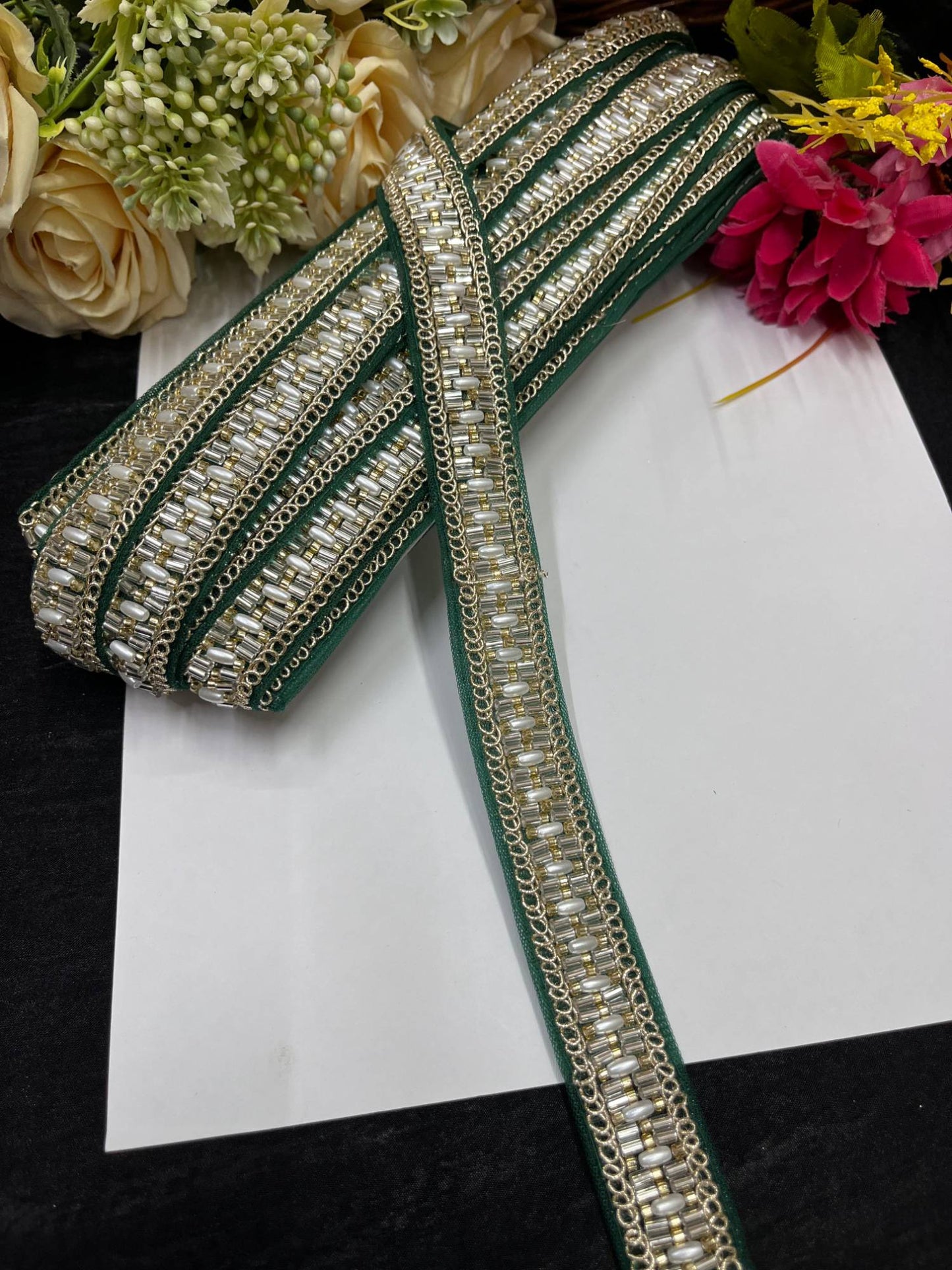 Delicate Pearl Work Designer Saree Laces – 9 Meters, 1-Inch Maggam Work Border for Sarees, Lehengas & Dupattas | Bottle Green