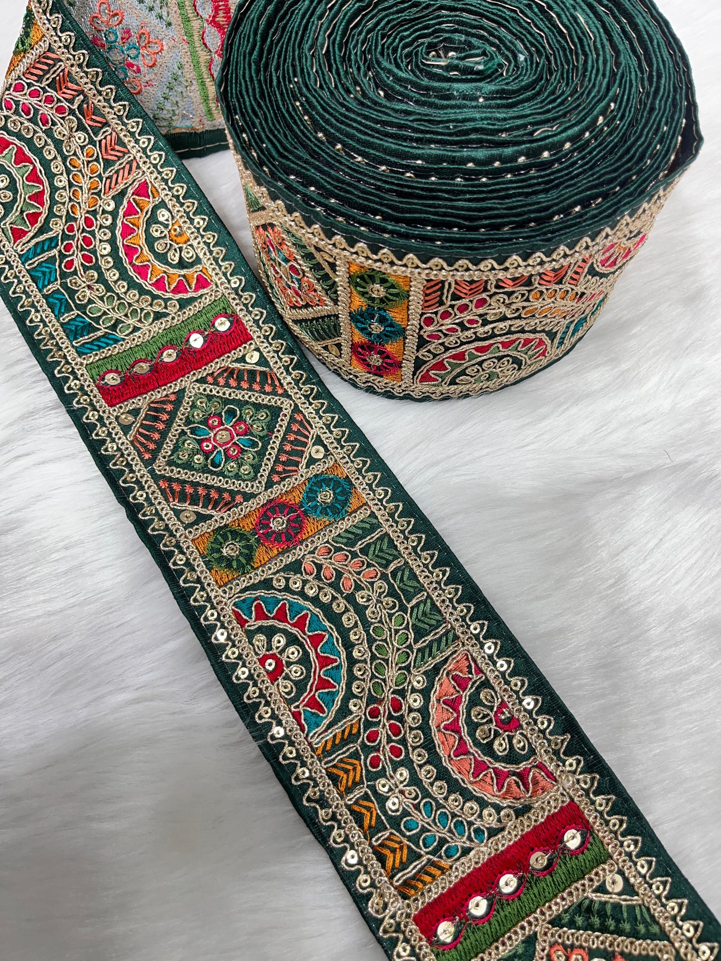 3 Inch Indian Saree Lace Border Embroidered Trim – Floral Decorative Ribbon for Art Quilts & Craft Projects (9 Meter) | Bottle Green
