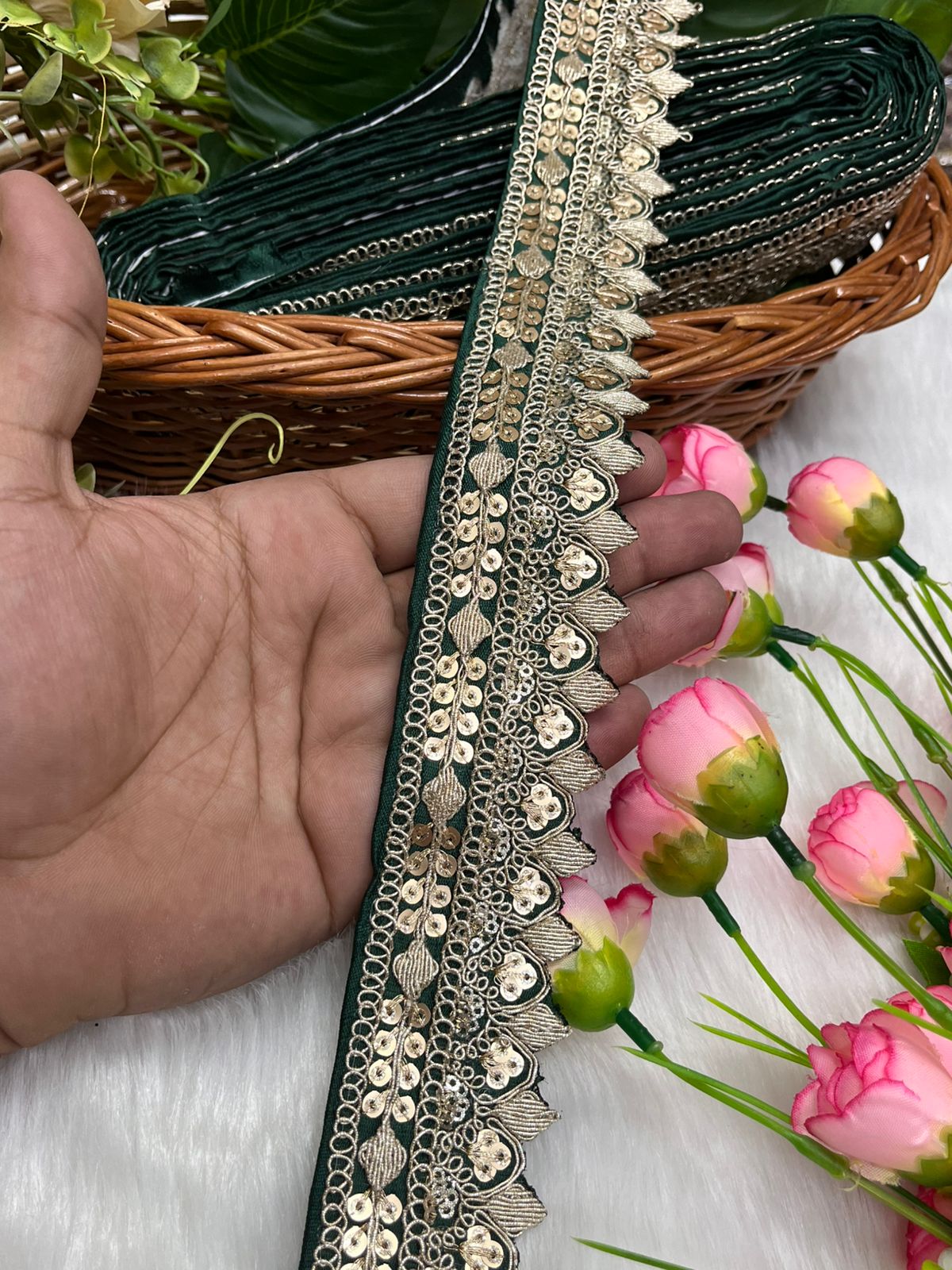 Beautiful Silk-Based Sequins Work Embroidery Trim - Elegant and Versatile | Bottle Green