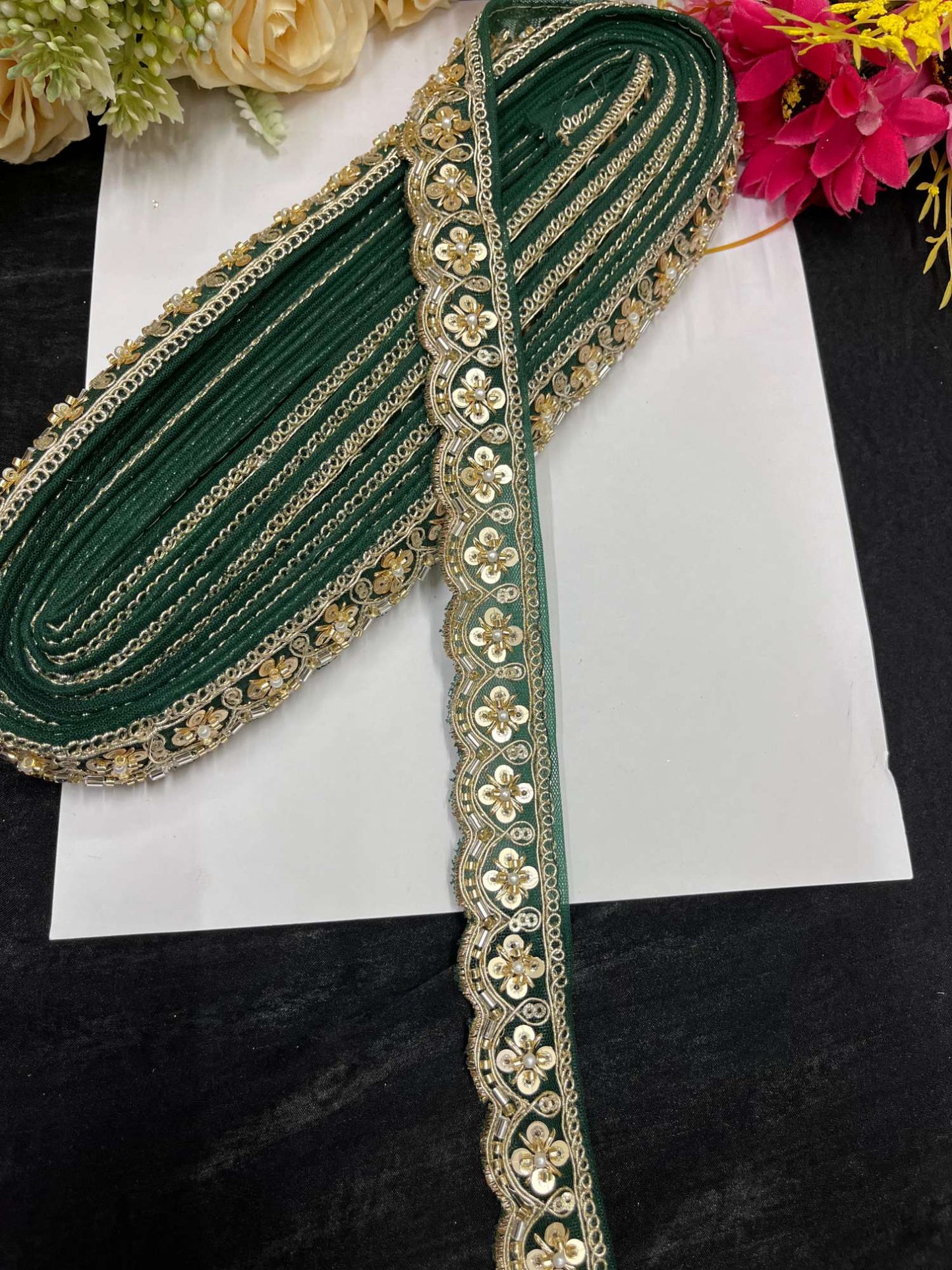 Handcrafted Katdana Saree Laces – 9 Meters, 1-Inch Maggam Work Embellished Border for Sarees, Lehengas & Dupattas | Bottle Green