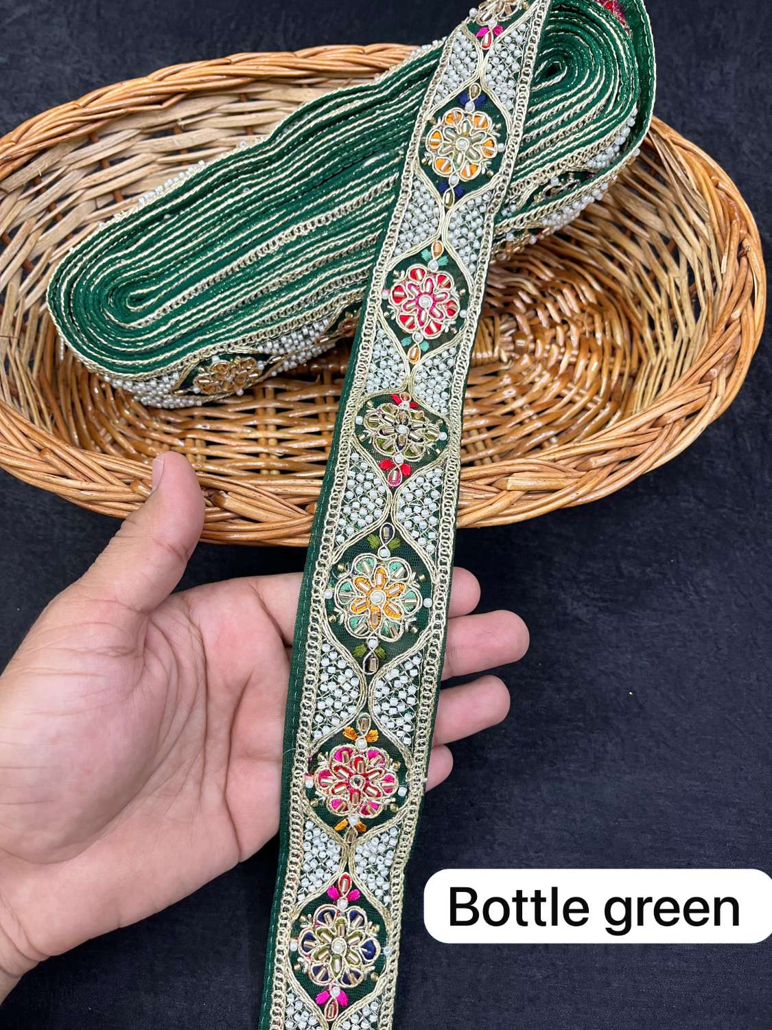 Multicoloured Bead Work Designer Lace on Net Fabric for Sarees & Lehengas (9 Meter) | Bottle Green