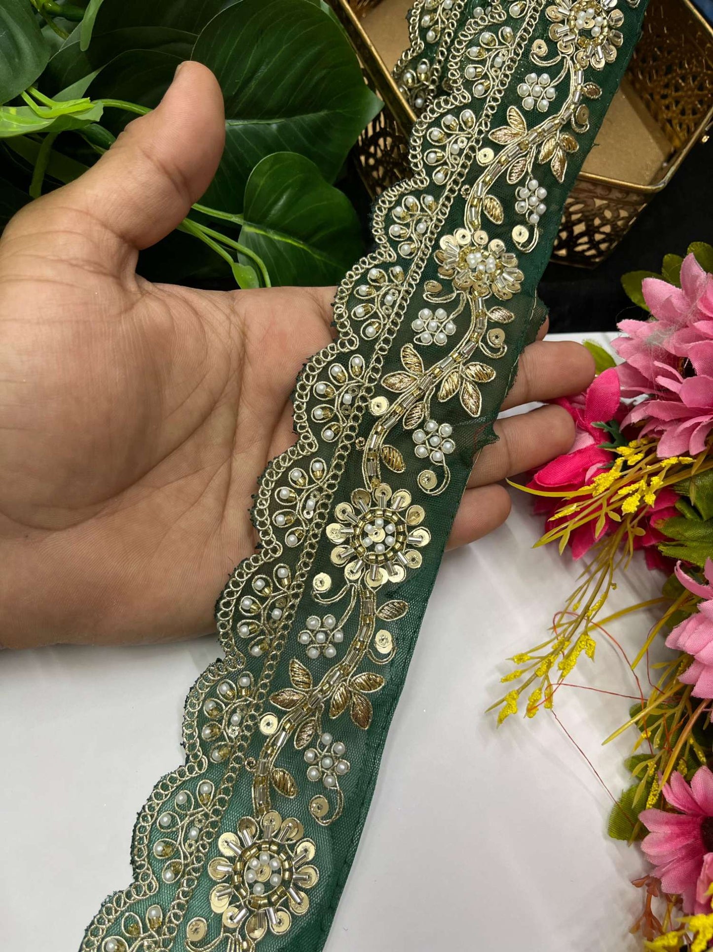 Gorgeous Embroidered Pearl & Cutdana Designer Lace – 9 Meters, 2.5-Inch Maggam Work Border for Sarees & Lehengas | Bottle Green