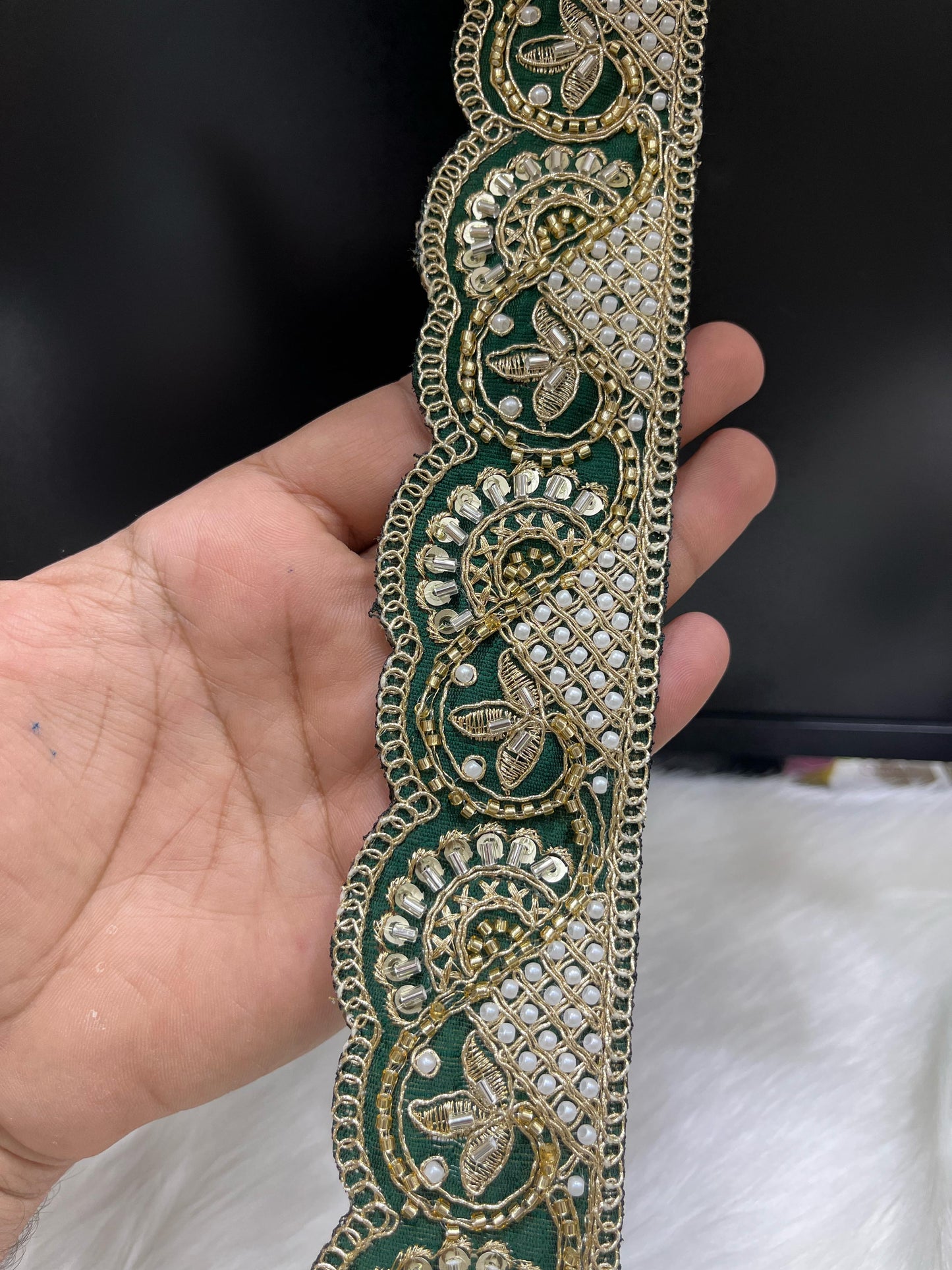 Vibrant Cutdana Beaded Embroidered Lace Border for Sarees and Dupatta – 9 Meters, 2-Inch Width | Bottle Green